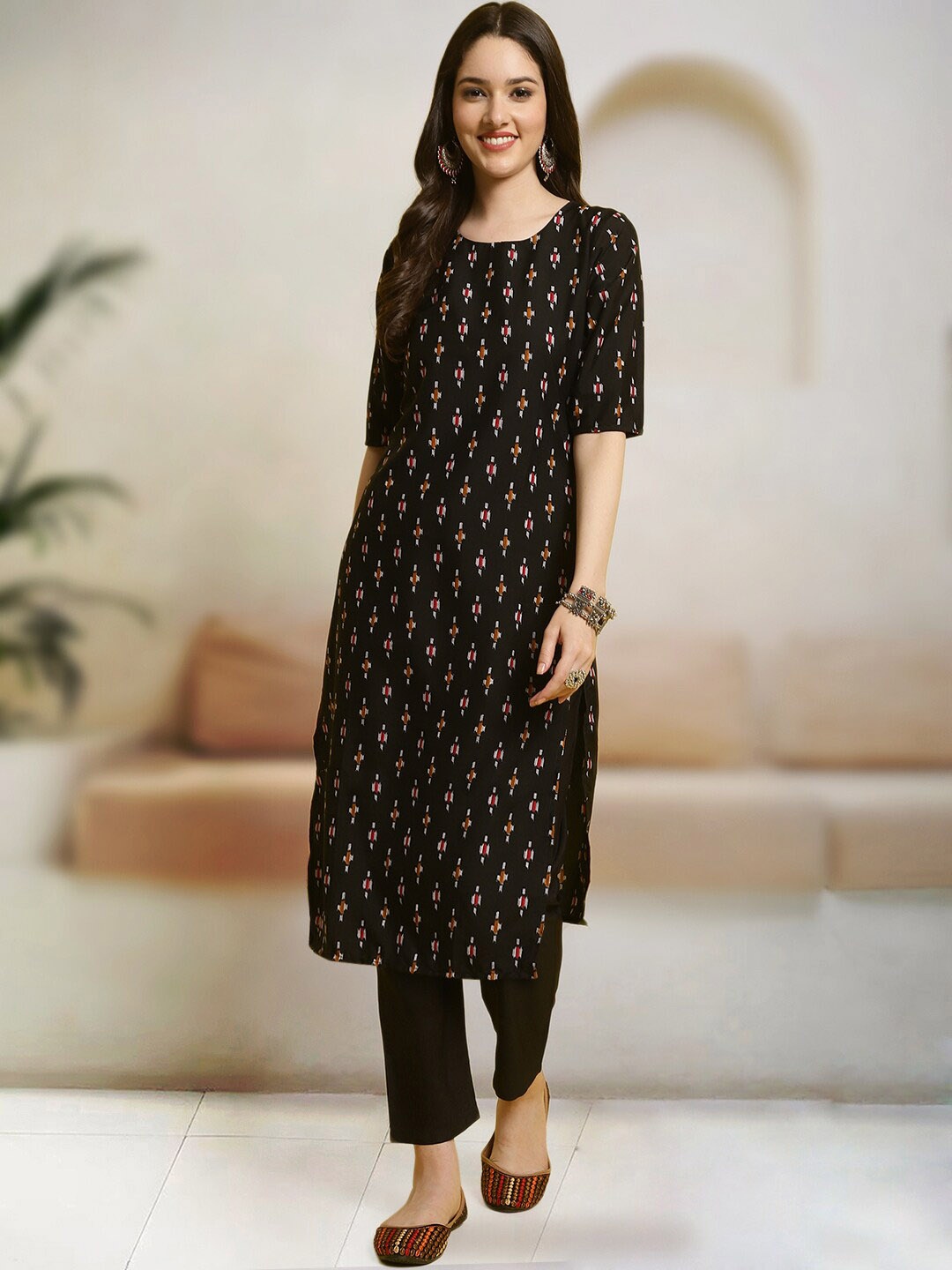 

7Threads Geometric Printed Kurta With Trouser, Black