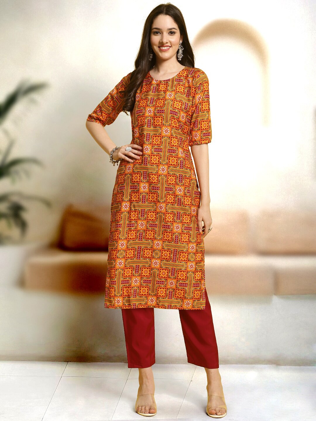 

7Threads Ethnic Motifs Printed Regular Kurta with Trouser, Orange