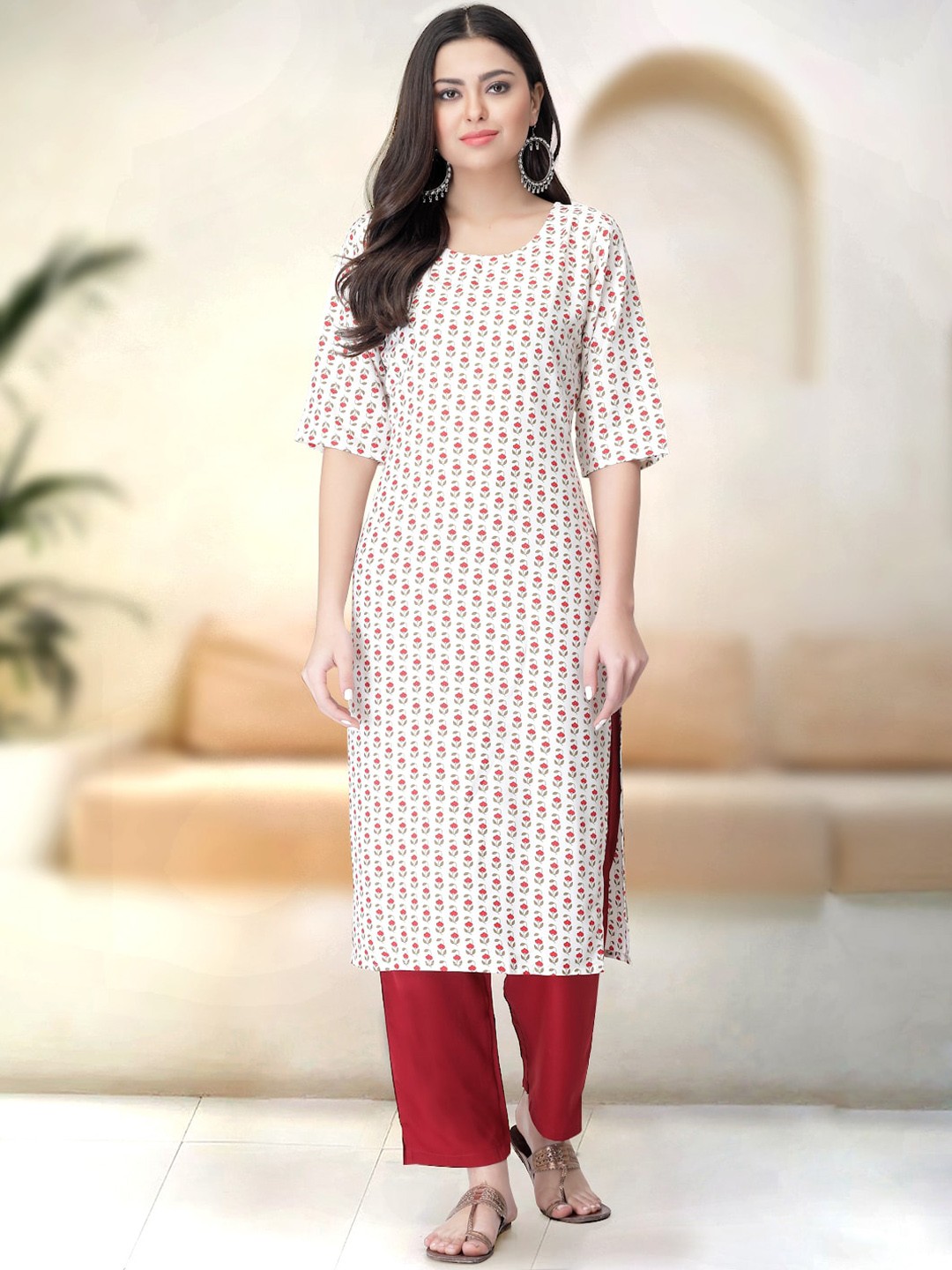 

7Threads Floral Printed Regular Straight Kurta With Trousers, White