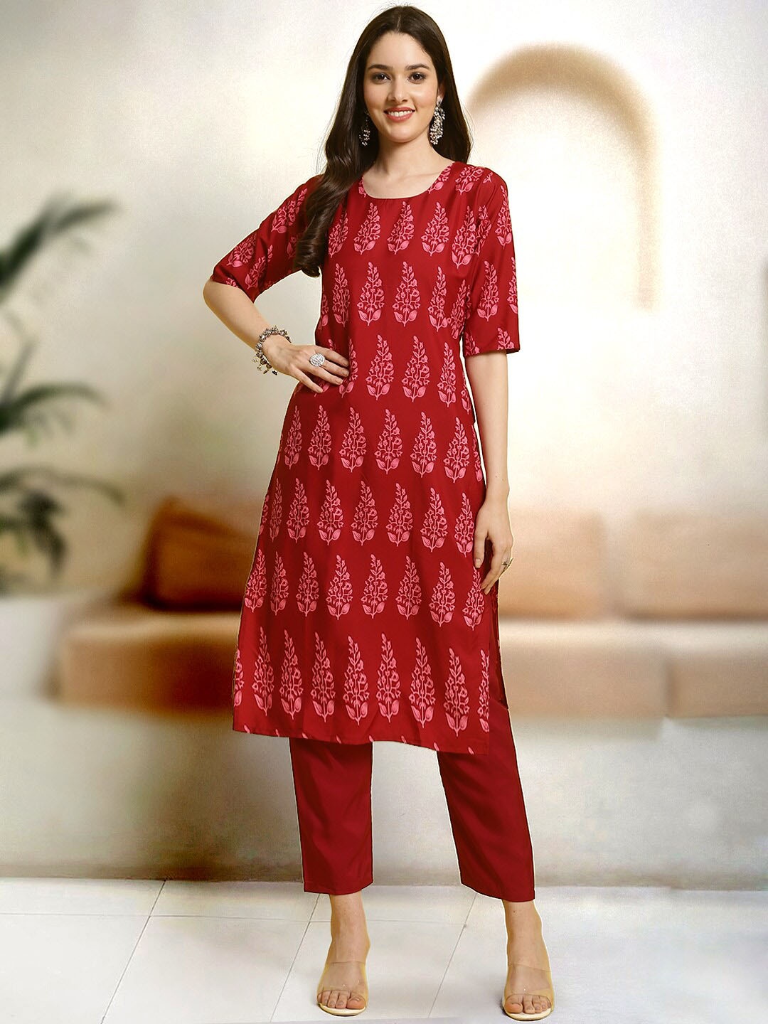 

7Threads Ethnic Motifs Printed Kurta With Trouser, Red