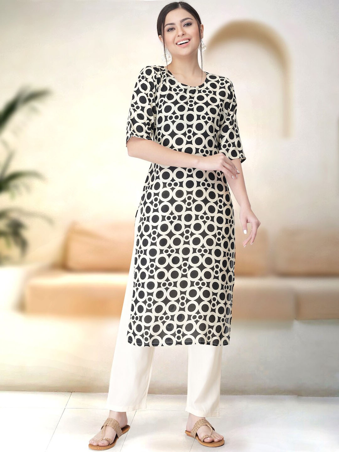 

7Threads Geometric Printed Round Neck Three-Quarter Sleeves Kurta with Trousers, Black