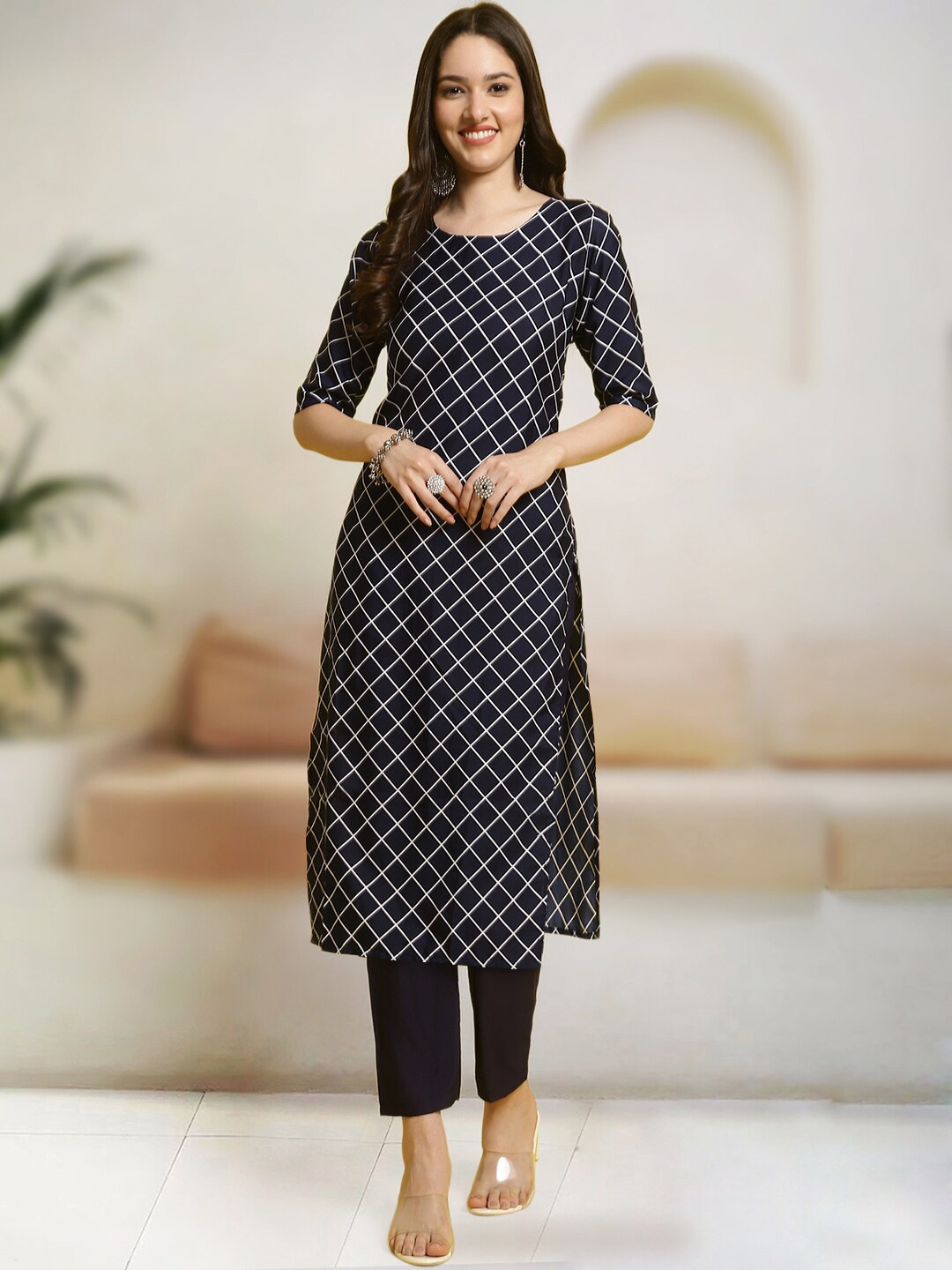 

7Threads Geometric Printed Regular Kurta With Trousers, Blue