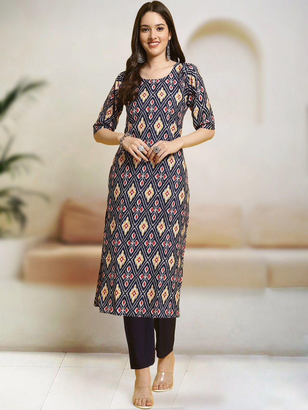 

7Threads Ethnic Motifs Printed Kurta with Trousers, Blue