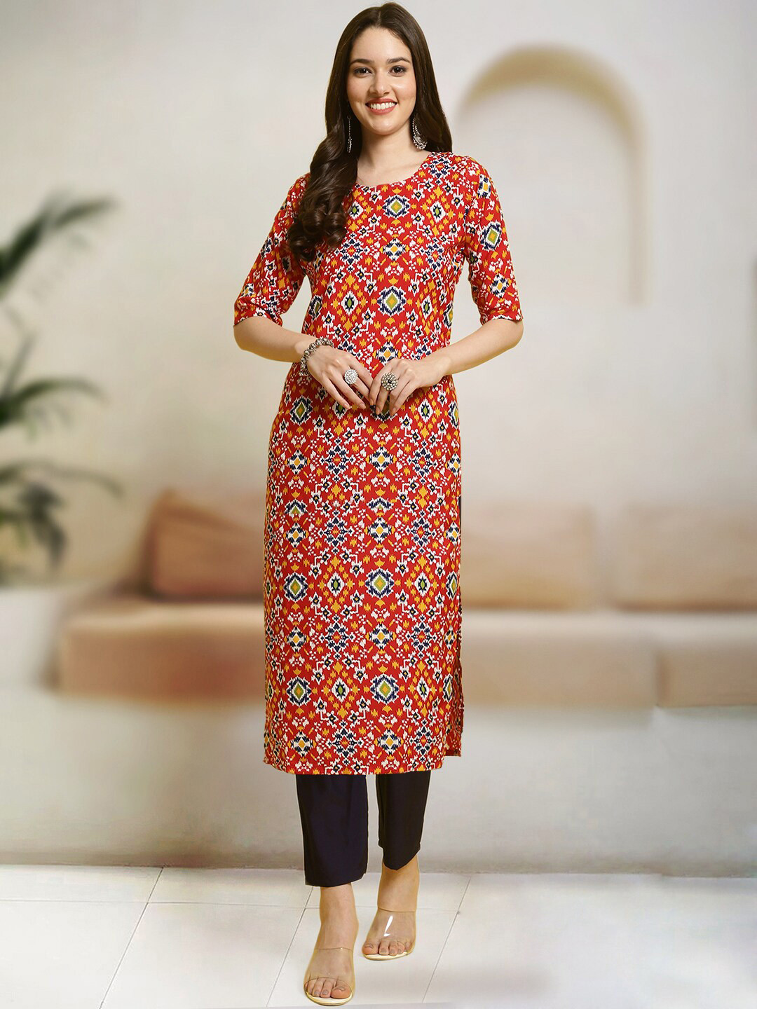

7Threads Ethnic Motifs Printed Regular Kurta with Trousers, Orange