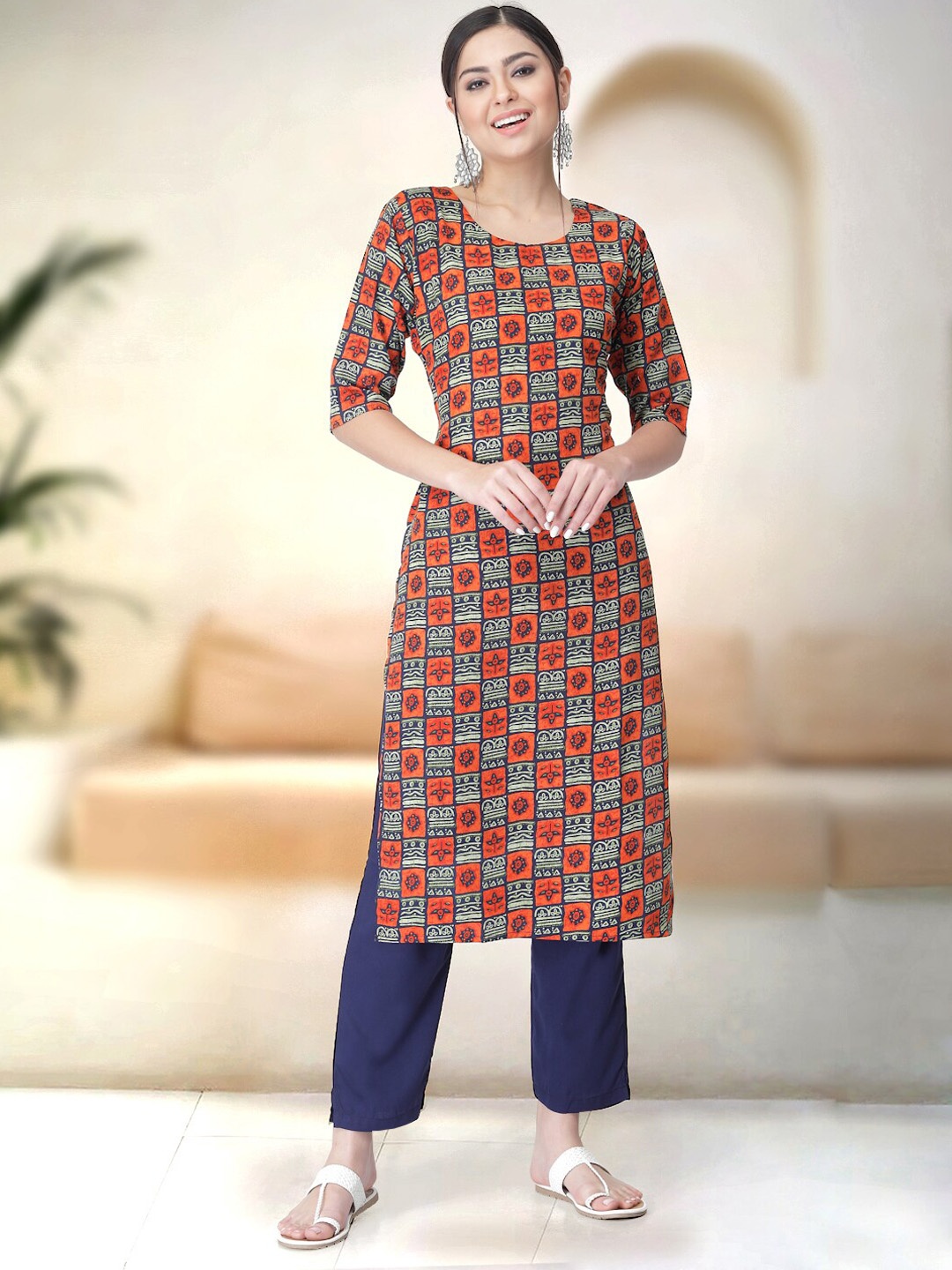 

7Threads Ethnic Motifs Printed Regular Kurta with Trousers, Orange