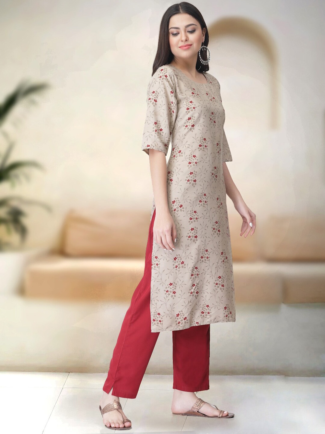 

7Threads Floral Printed Kurta With Trouser, Beige