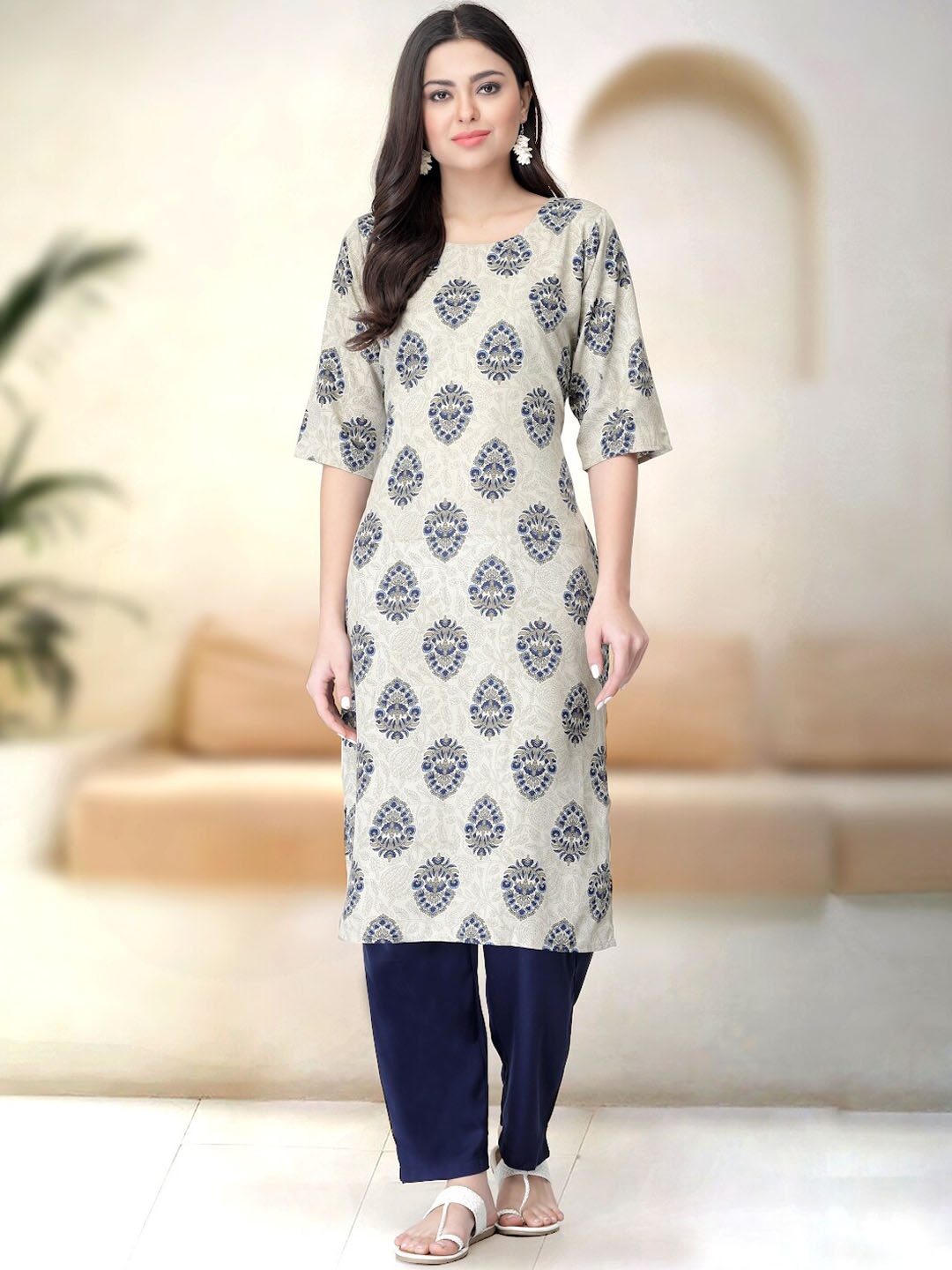 

7Threads Ethnic Motifs Printed Regular Round Neck Straight Kurta with Trouser, Olive