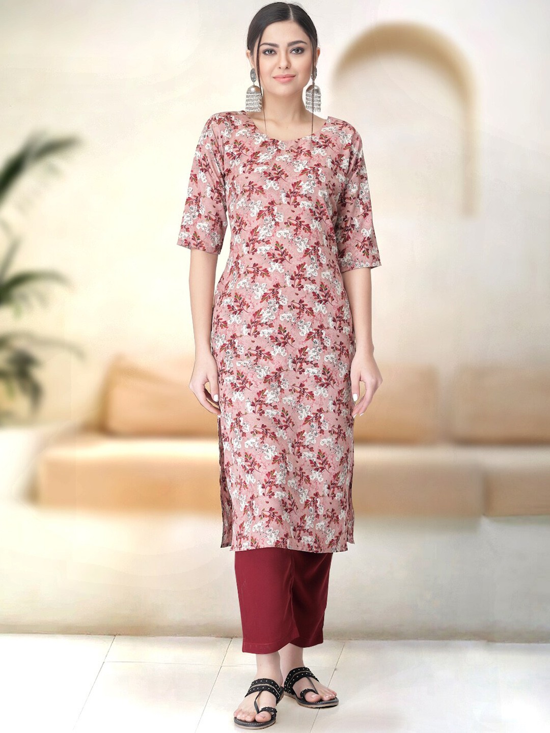 

7Threads Floral Printed Regular Kurta with Trousers, Pink