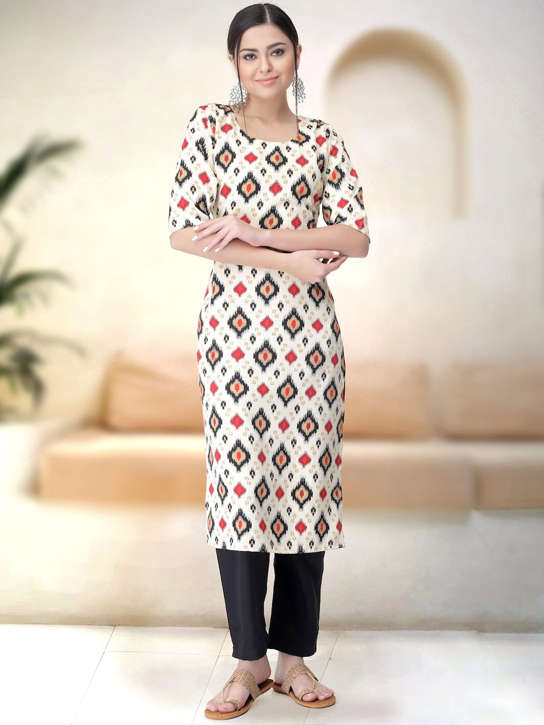 

7Threads Ethnic Motifs Printed Regular Round Neck Straight Kurta with Trouser, White
