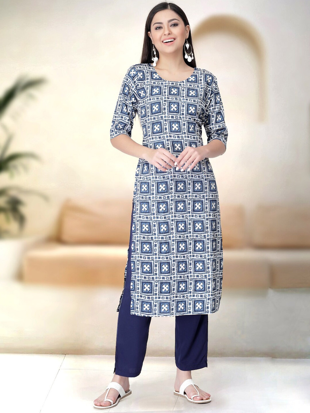 

7Threads Floral Printed Straight Kurta with Trousers, Blue