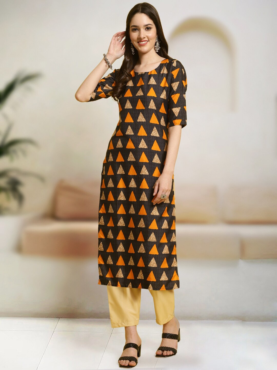 

7Threads Geometric Printed Kurta With Trouser, Black