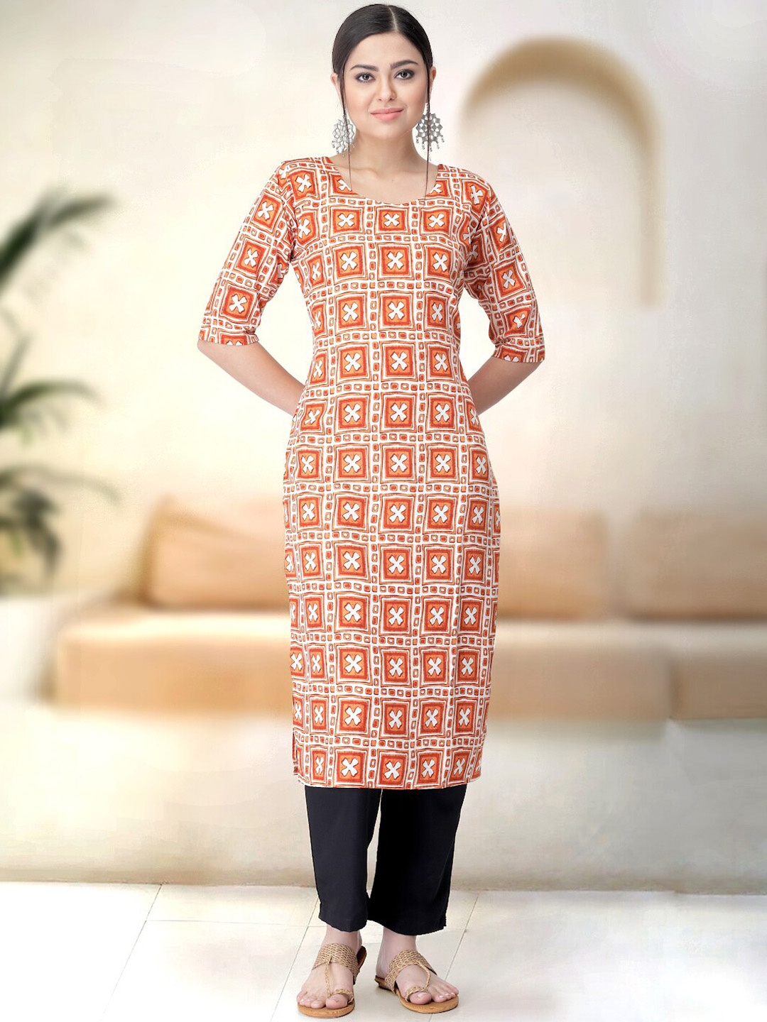 

7Threads Ethnic Motifs Printed Round Neck Three-Quarter Sleeves Kurta with Trousers, Orange