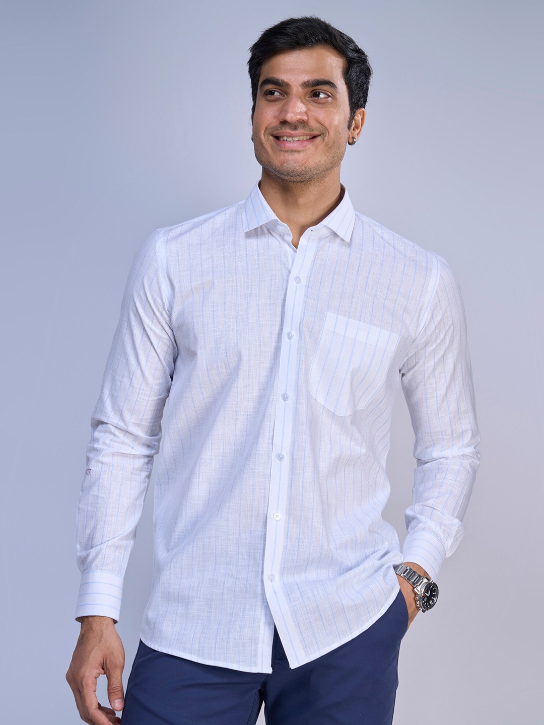 

MARK & ALBERT India Slim Fit Opaque Striped Linen Casual Shirt, Blue