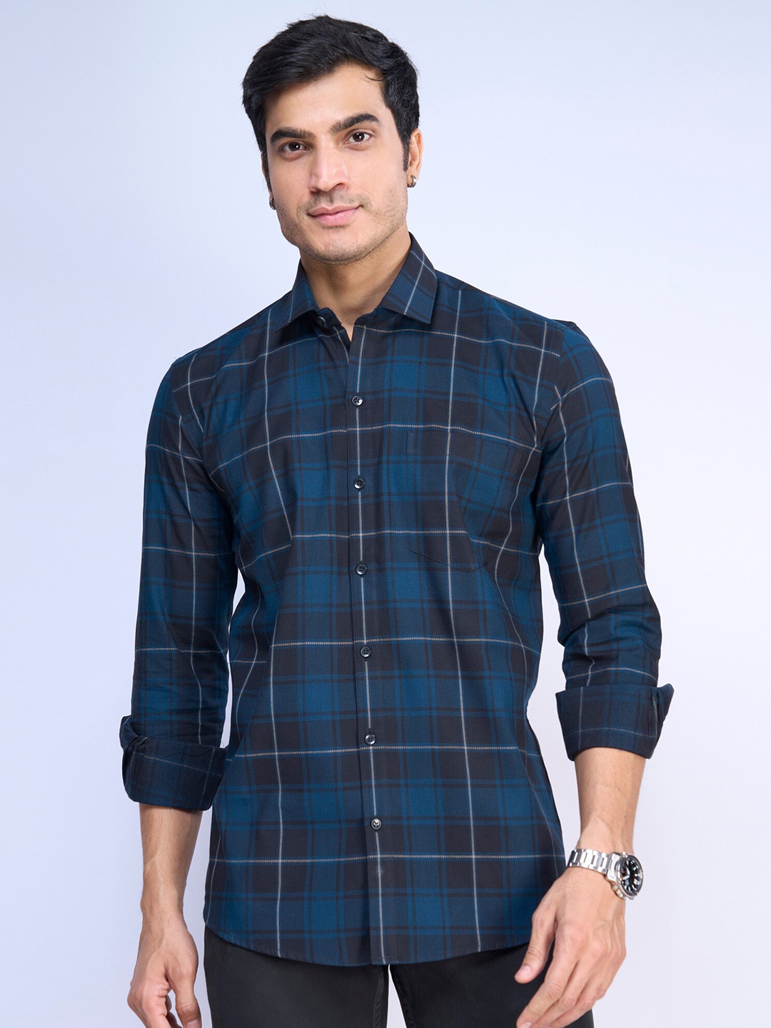 

MARK & ALBERT India Slim Fit Opaque Tartan Checked Cotton Casual Shirt, Blue