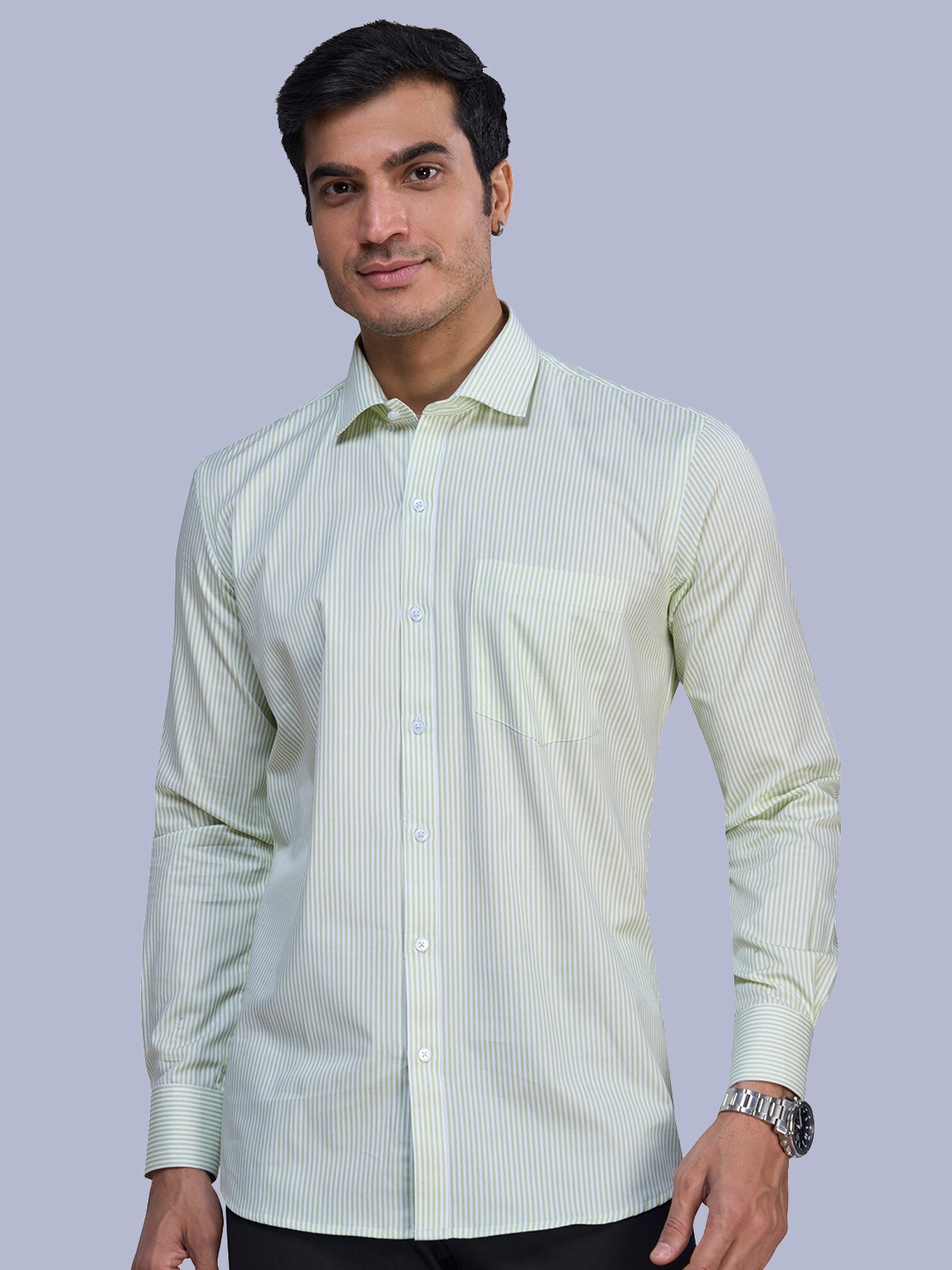 

MARK & ALBERT India Slim Fit Opaque Vertical Striped Linen Casual Shirt, Green