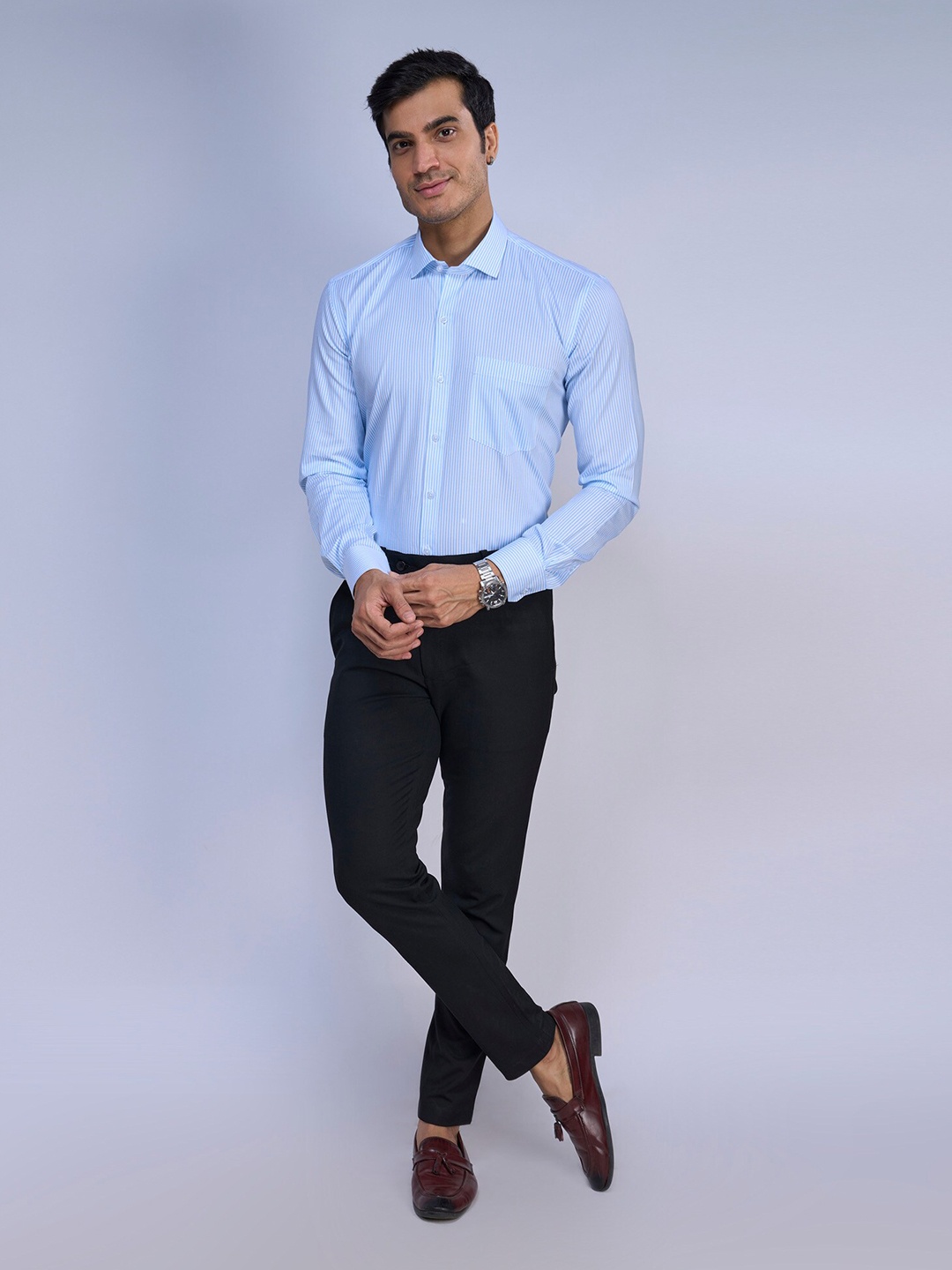 

MARK & ALBERT India Slim Fit Opaque Striped Linen Casual Shirt, Blue