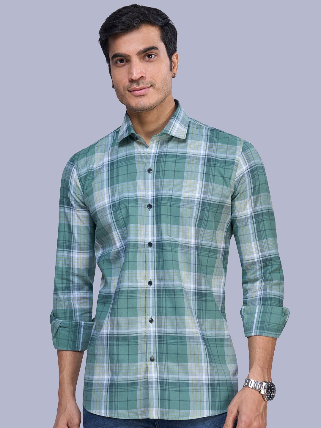 

MARK & ALBERT India Slim Fit Opaque Tartan Checked Cotton Casual Shirt, Green