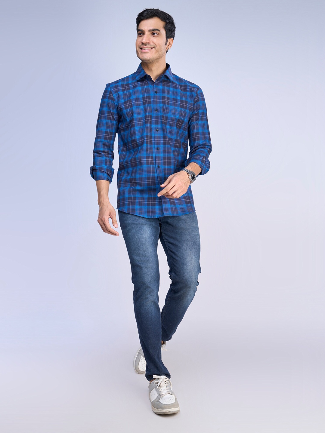 

MARK & ALBERT India Slim Fit Opaque Tartan Checked Cotton Casual Shirt, Blue