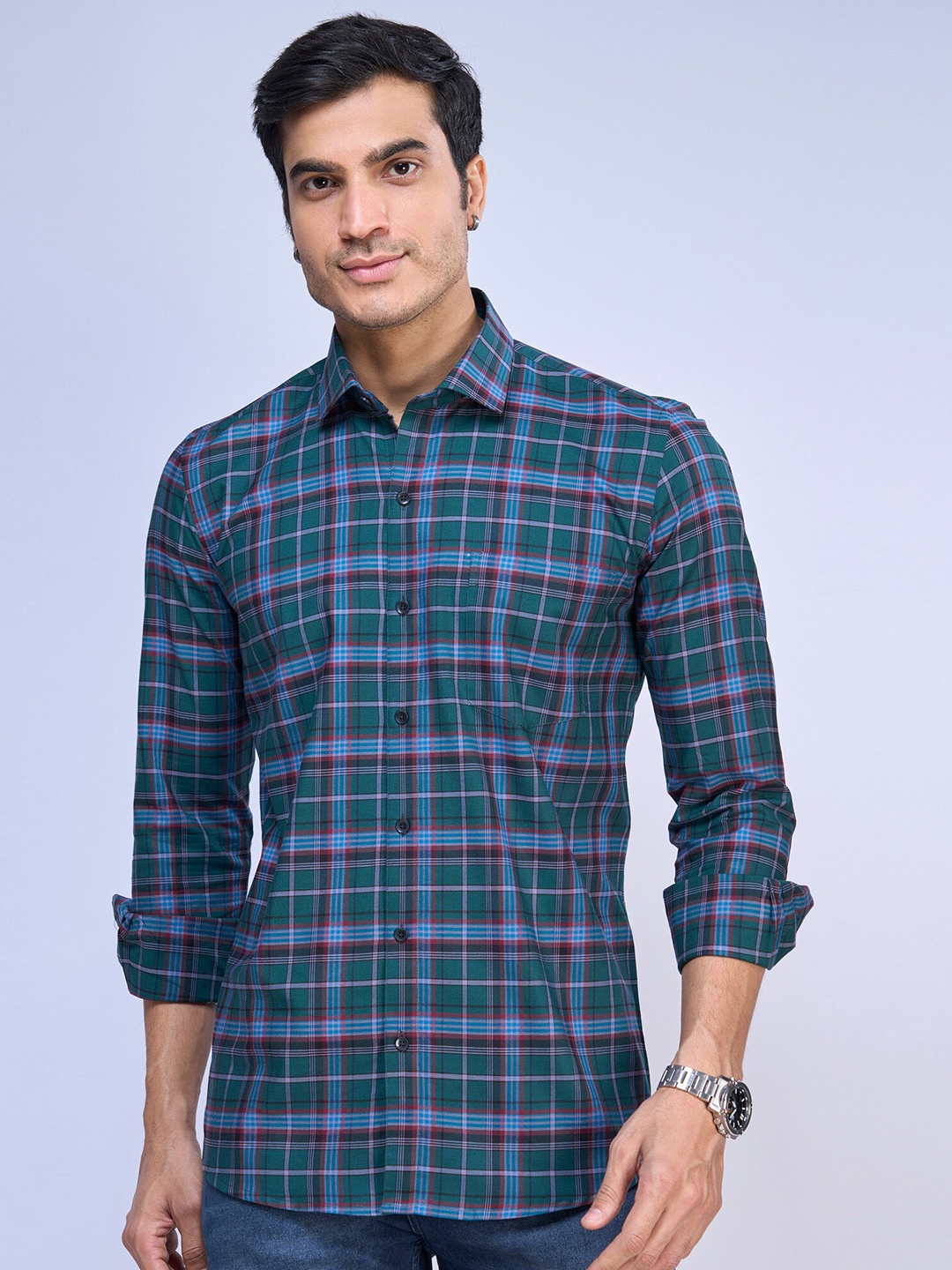 

MARK & ALBERT India Slim Fit Opaque Tartan Checked Cotton Casual Shirt, Green