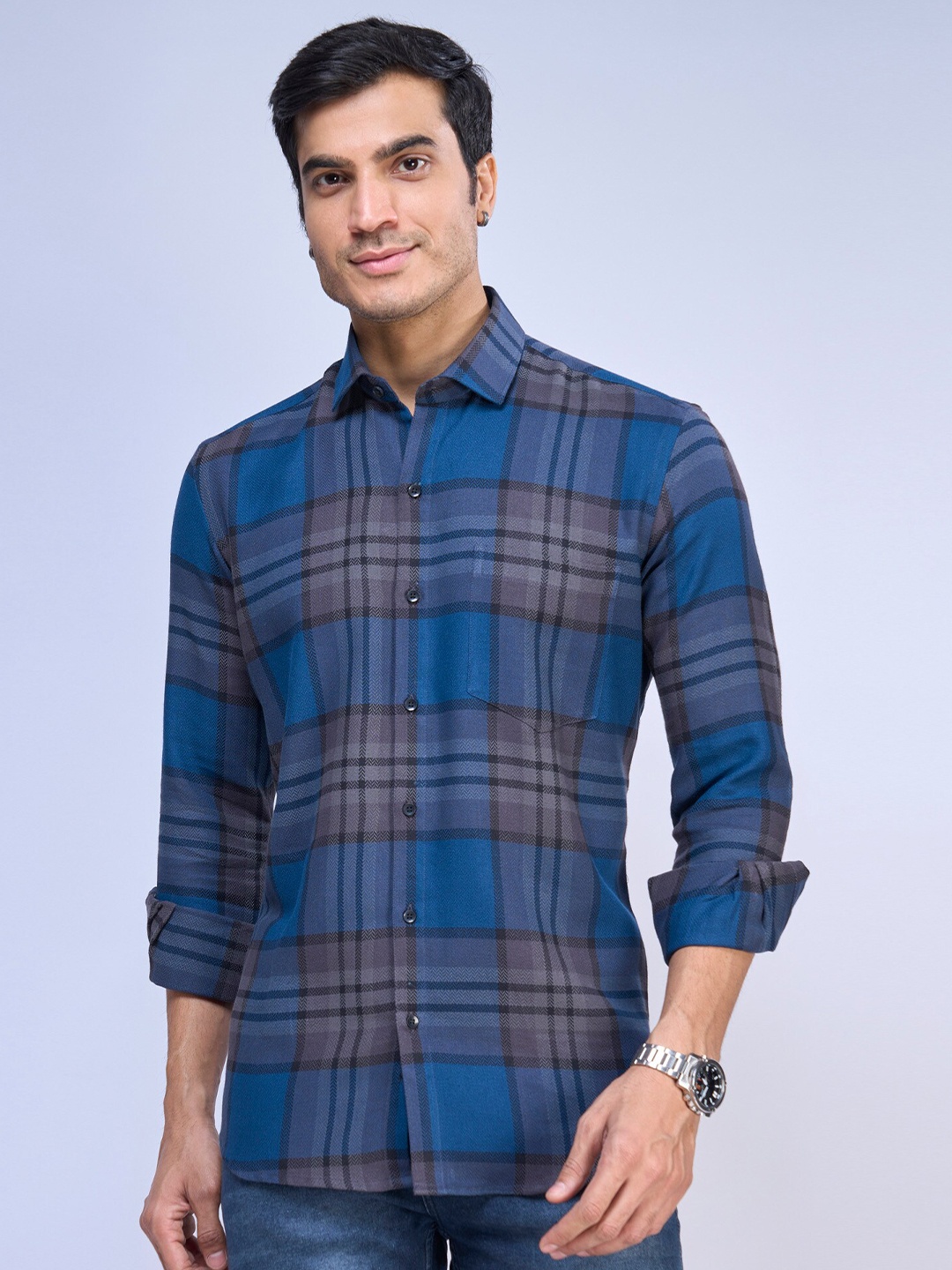 

MARK & ALBERT India Slim Fit Opaque Tartan Checked Cotton Casual Shirt, Blue