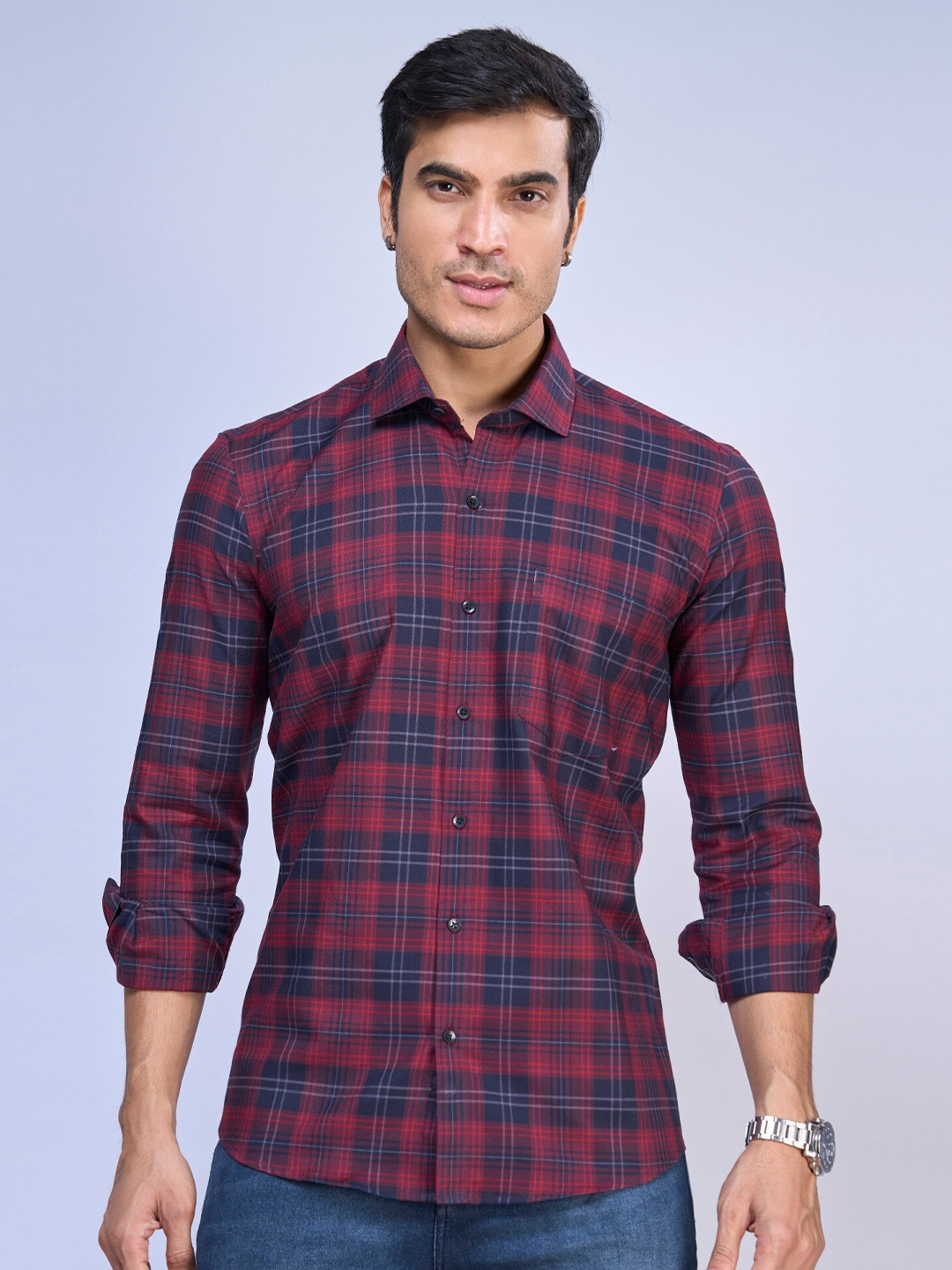 

MARK & ALBERT India Slim Fit Opaque Tartan Checked Cotton Casual Shirt, Red