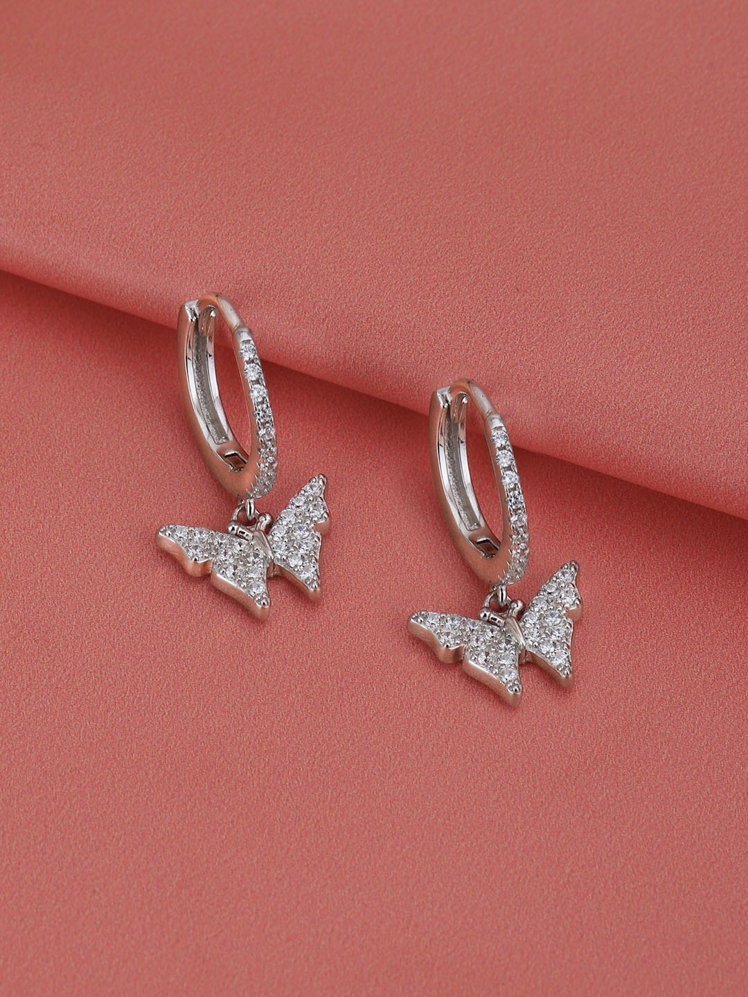 

VANBELLE Women Rhodium-Plated CZ Studded Sterling Silver Animal Shaped Hoop Earrings