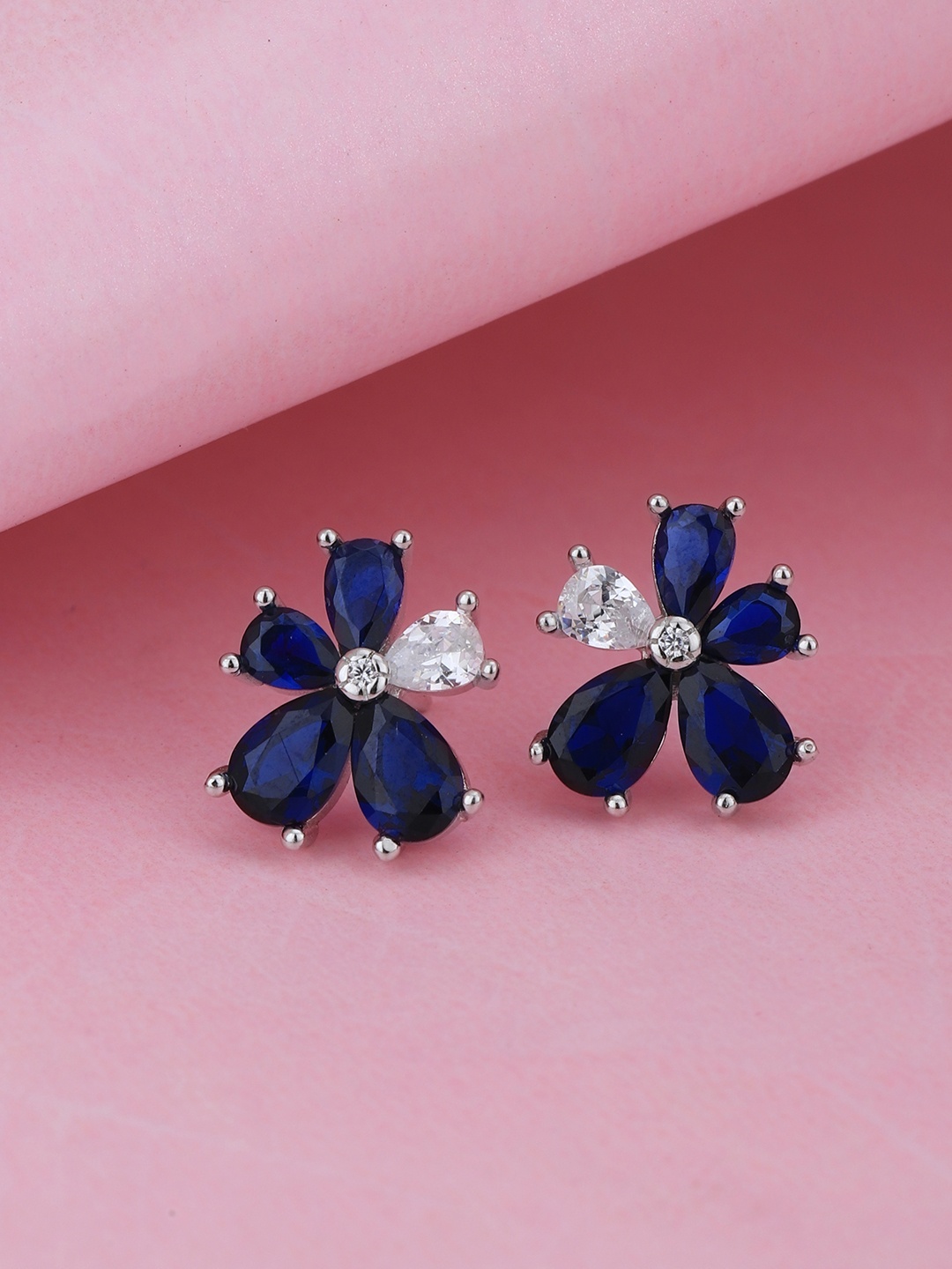 

VANBELLE Women Rhodium-Plated CZ Studded Sterling Silver Floral Studs Earrings