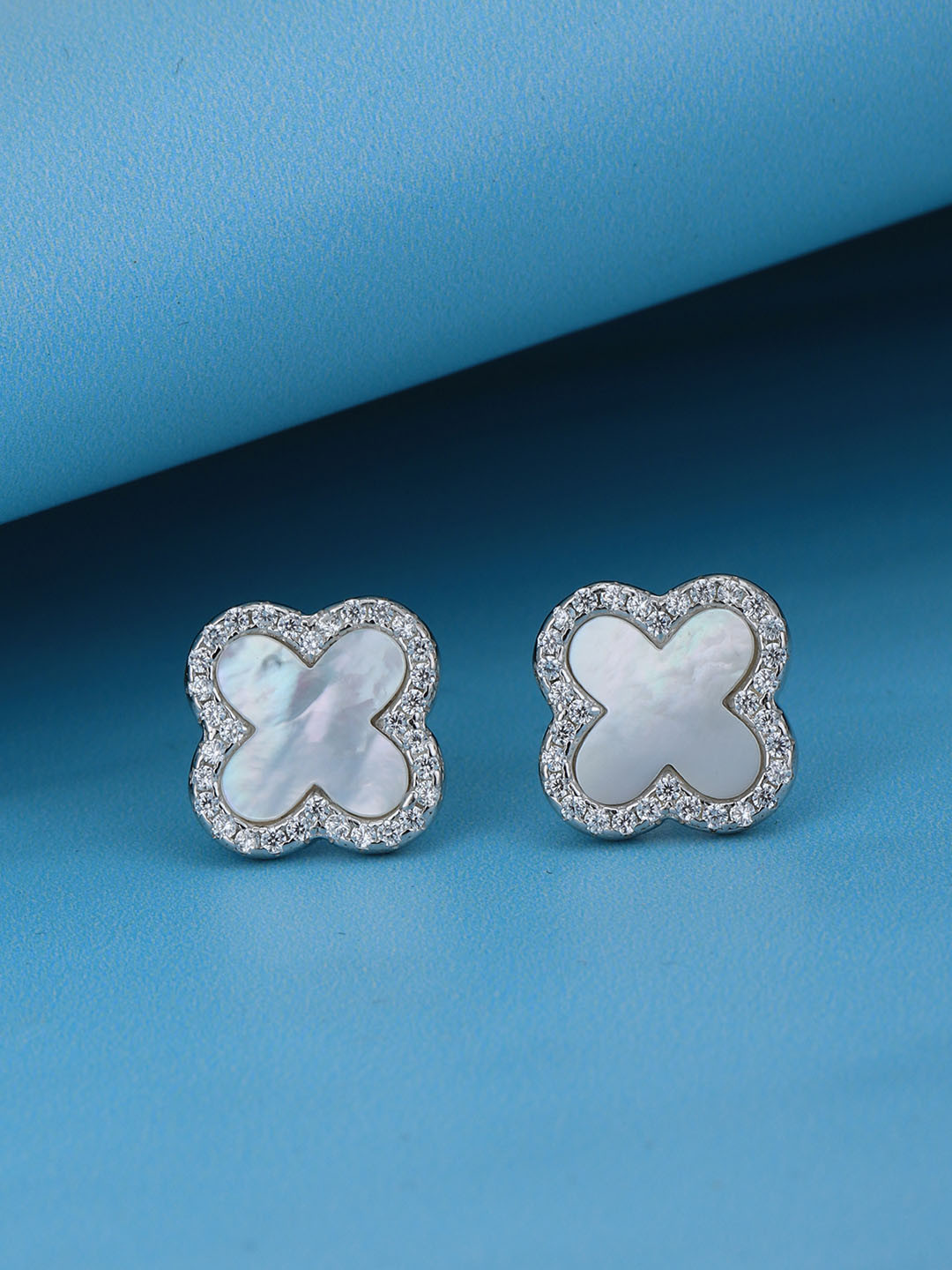 

VANBELLE Women Rhodium-Plated Sterling Silver CZ Studded Floral Studs Earrings