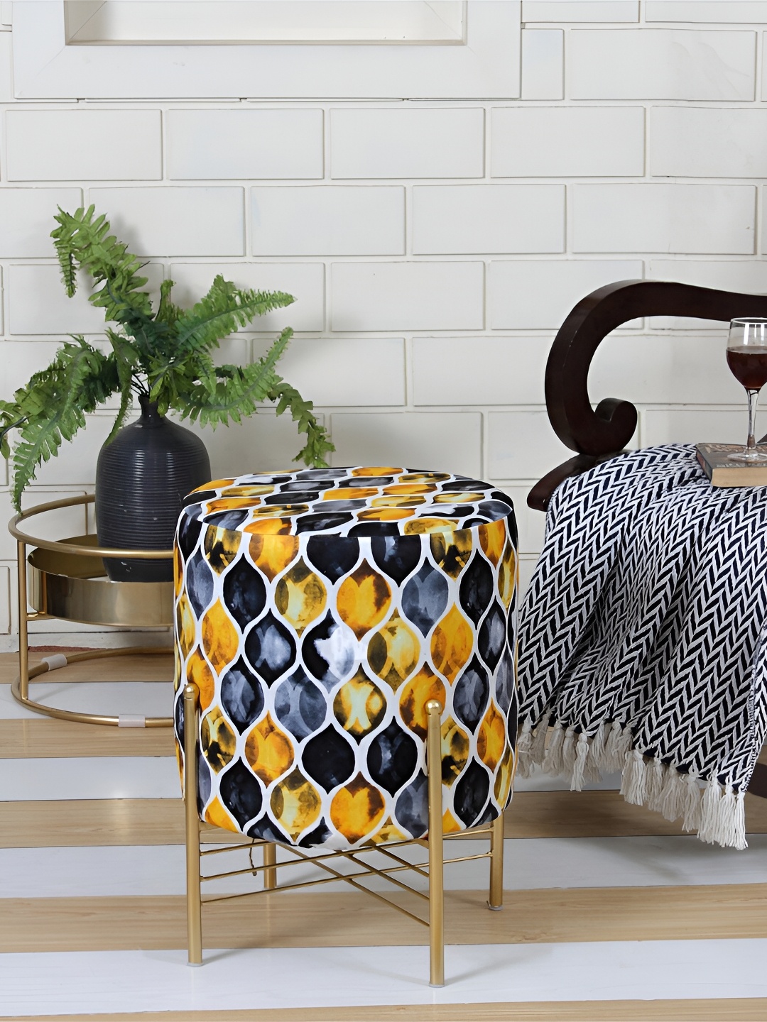 

Shadowkart Yellow & Blue Printed Wooden Ottoman Pouffes Sitting Mudda Puffies Stool