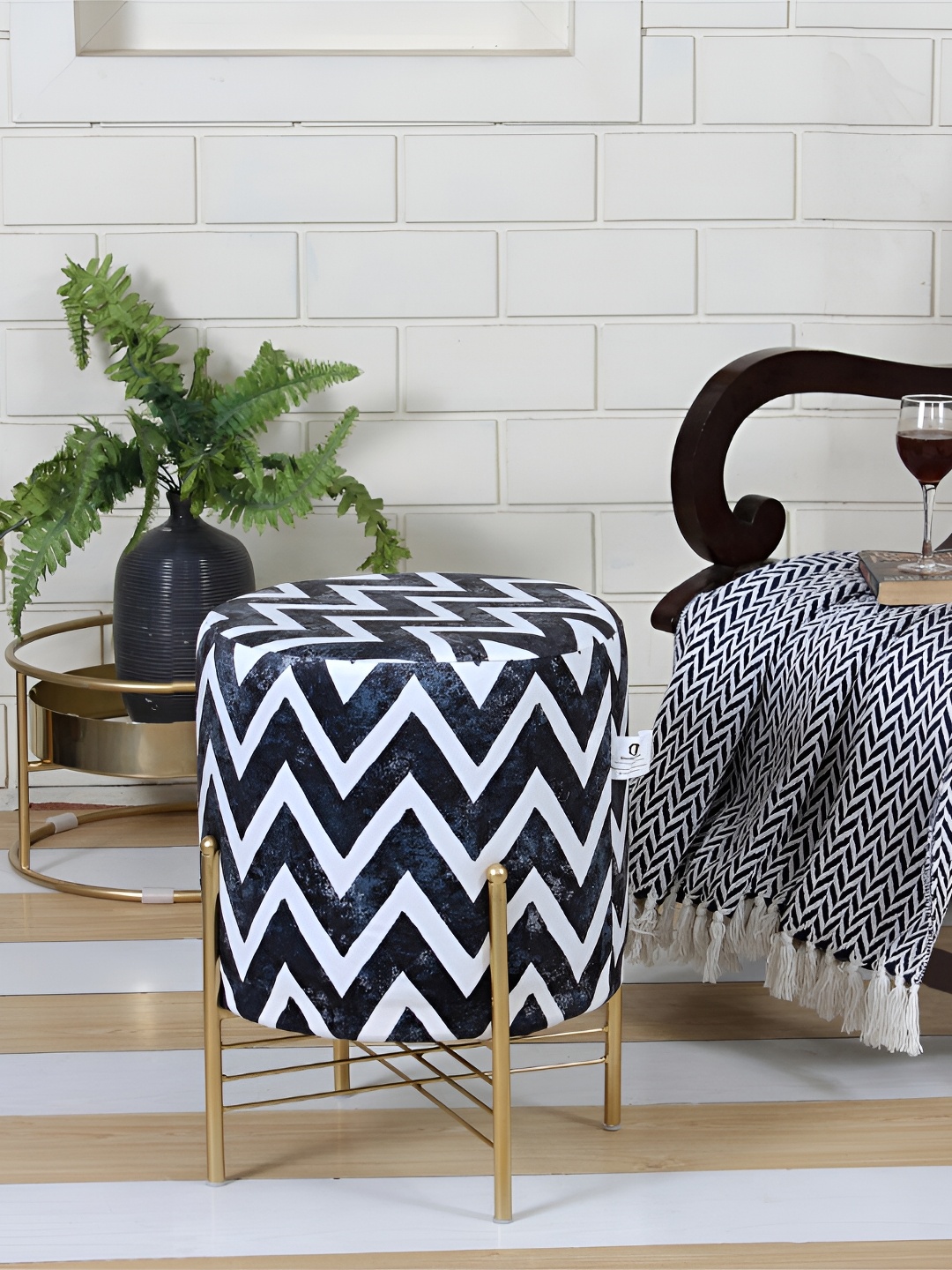 

Shadowkart Black & White Printed Wooden Pouffes Sitting Mudda Ottomans