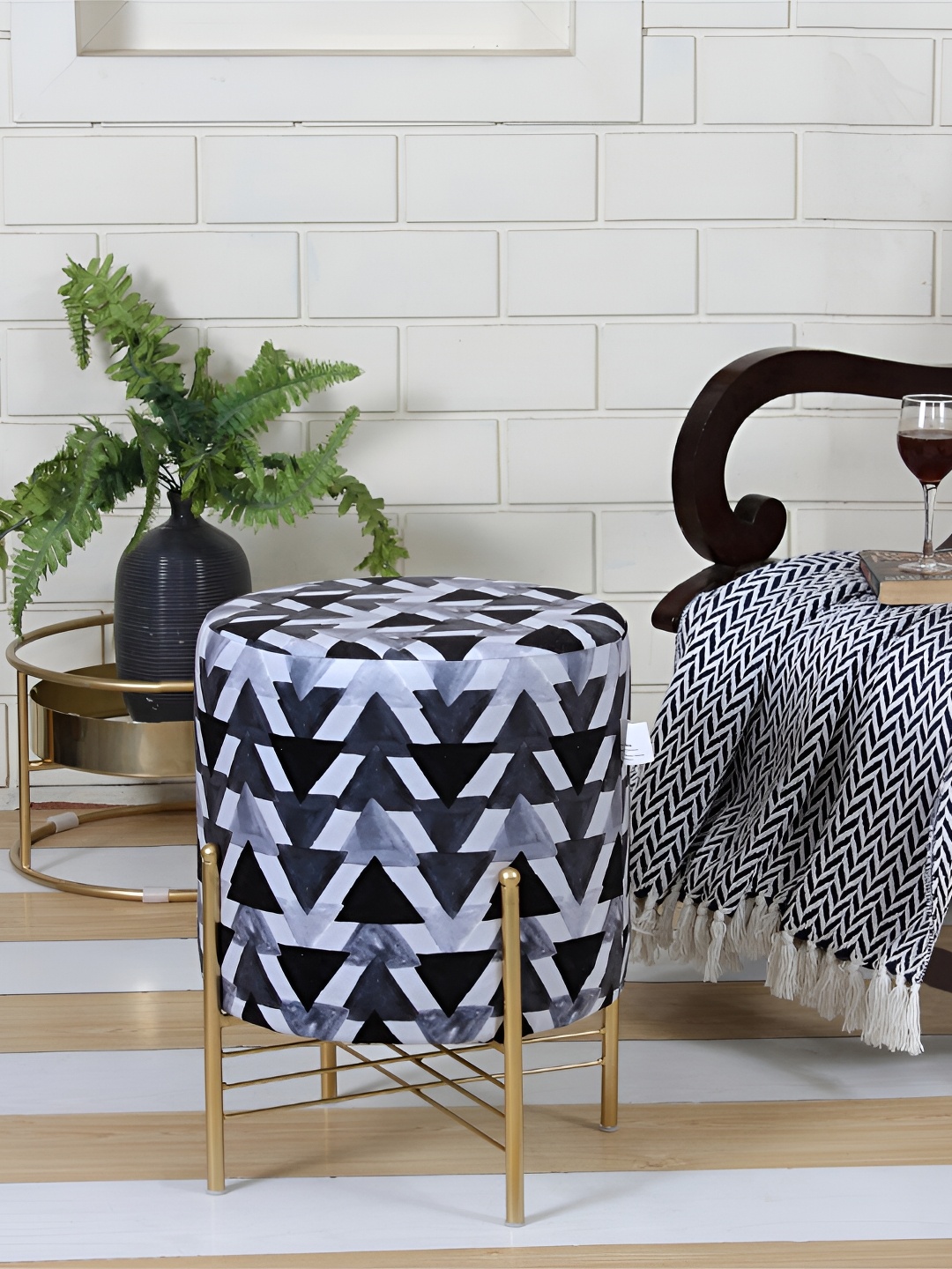 

Shadowkart Black & Grey Geometric Printed Wooden Pouffes Sitting Mudda Ottoman