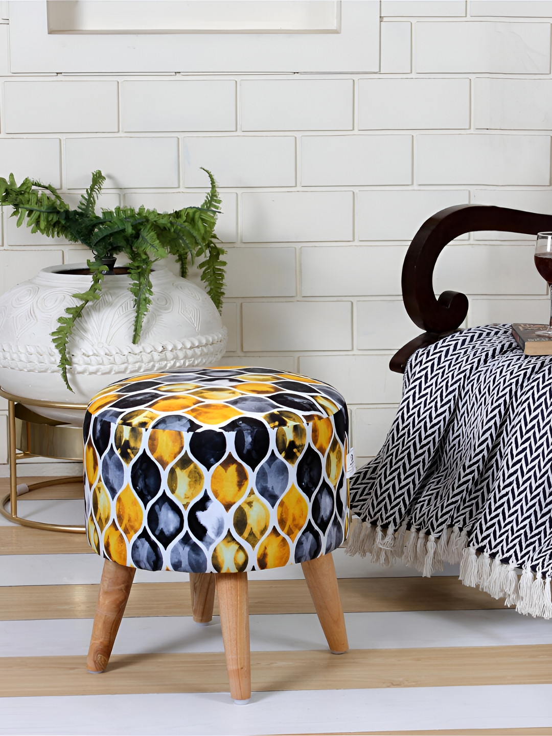 

Shadowkart Blue & Yellow Printed Wooden Pouffes Sitting Mudda Ottoman