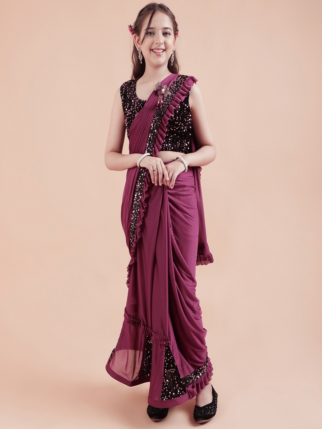 

BAESD Girls Sequinned Saree, Purple