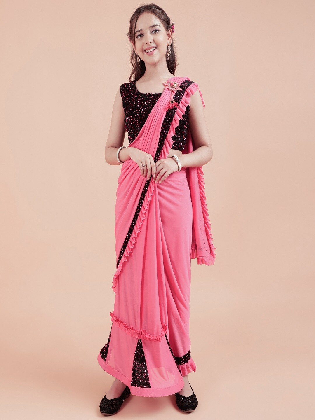 

BAESD Girls Sequinned Saree, Pink