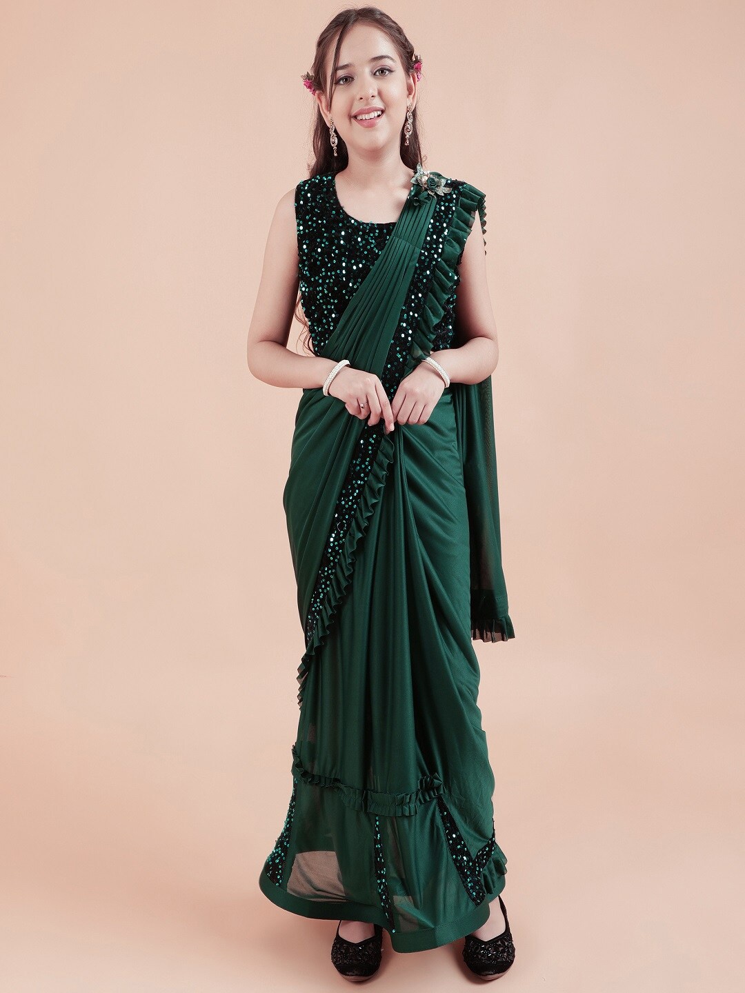 

BAESD Girls Sequinned Saree, Green