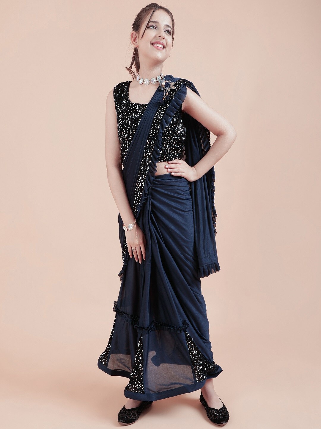 

BAESD Kids Sequinned Saree, Navy blue