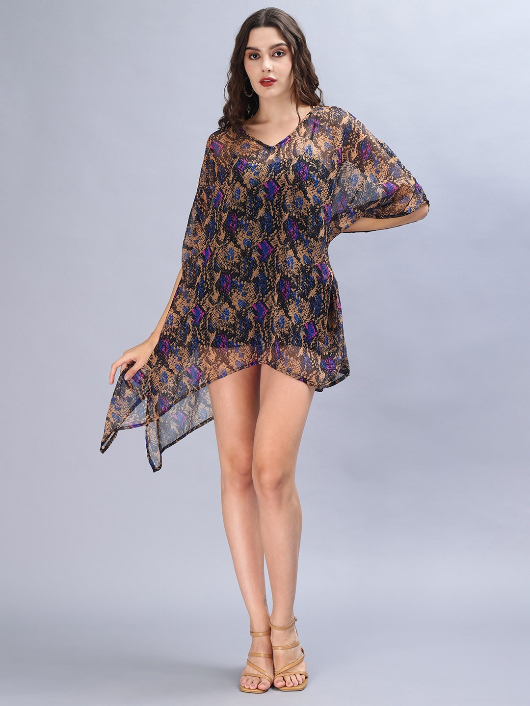 

Aditi Wasan Abstract Print Chiffon Kimono Sleeves Fit & Flare Mini Dress, Brown