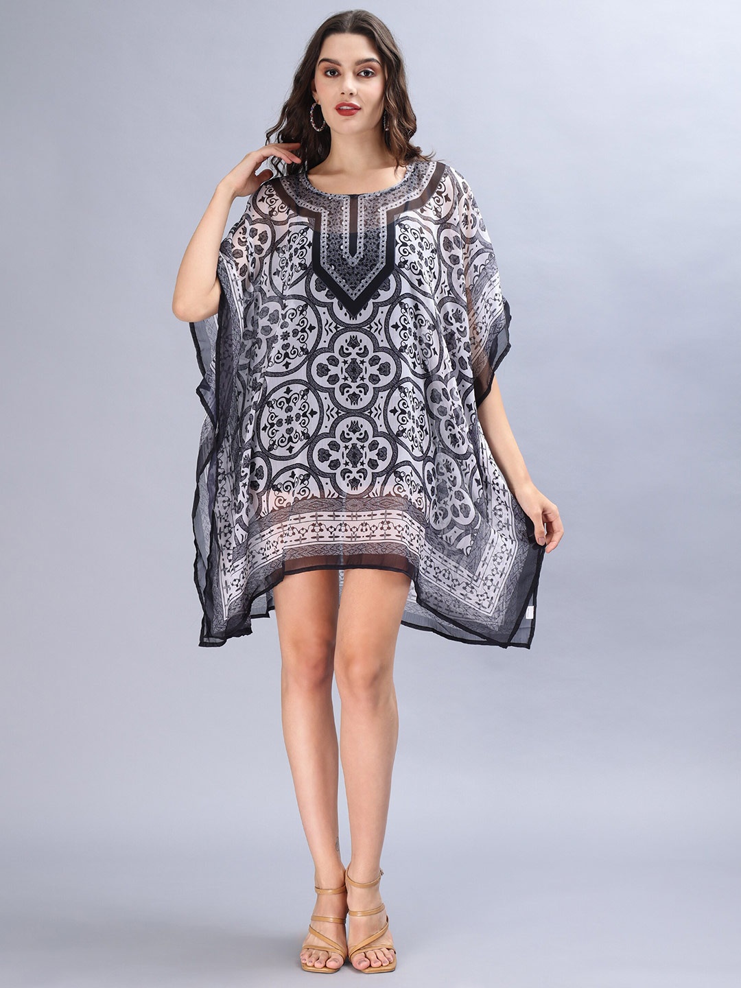 

Aditi Wasan Ethnic Motifs Print Chiffon Round Neck Kimono Sleeves Kaftan Dress, Black