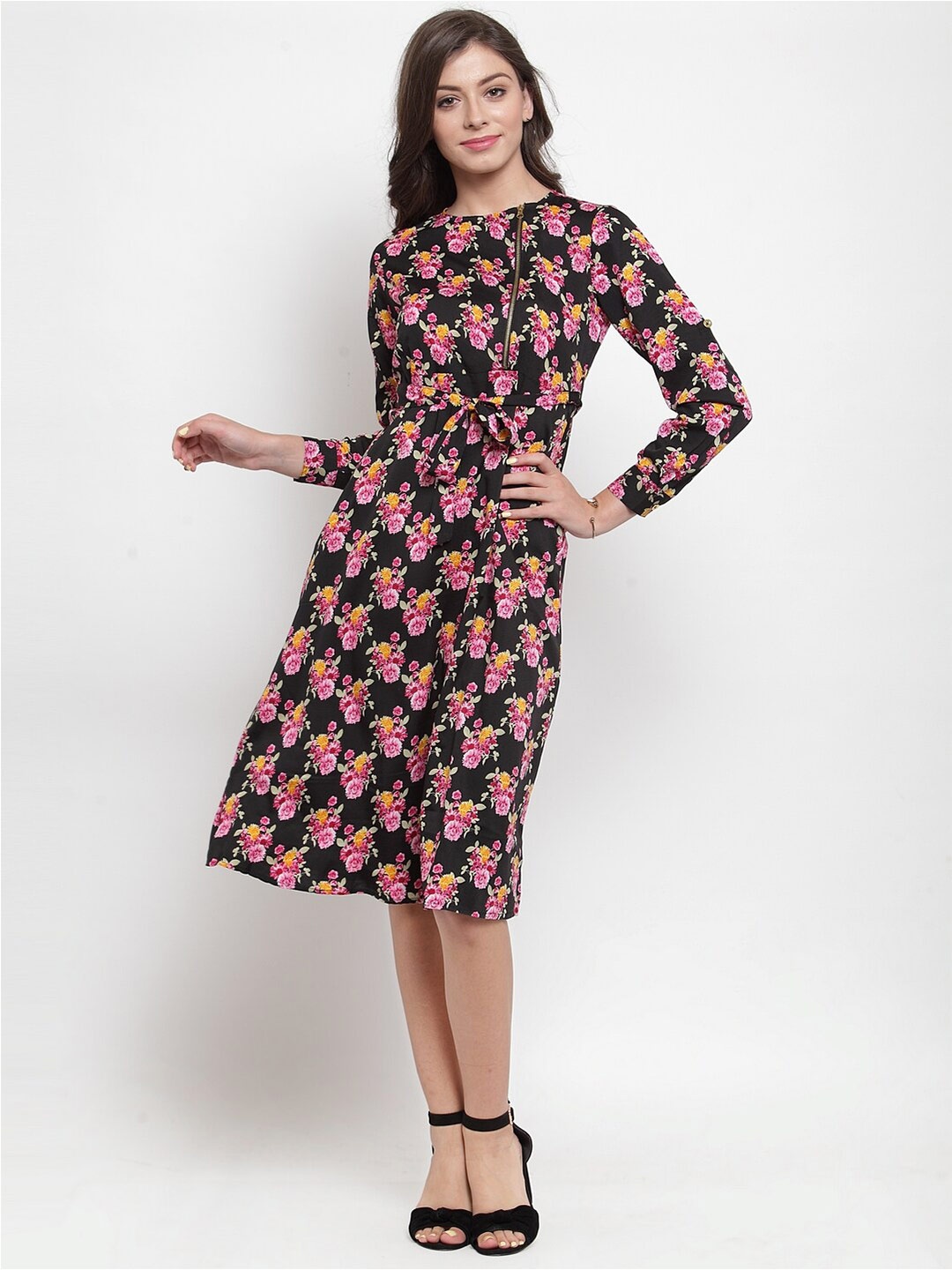 

Purple State Floral Printed Fit & Flare Dress, Black