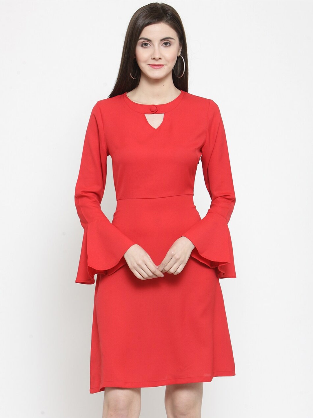 

Purple State Keyhole Neck Bell Sleeve Fit & Flare Dress, Red