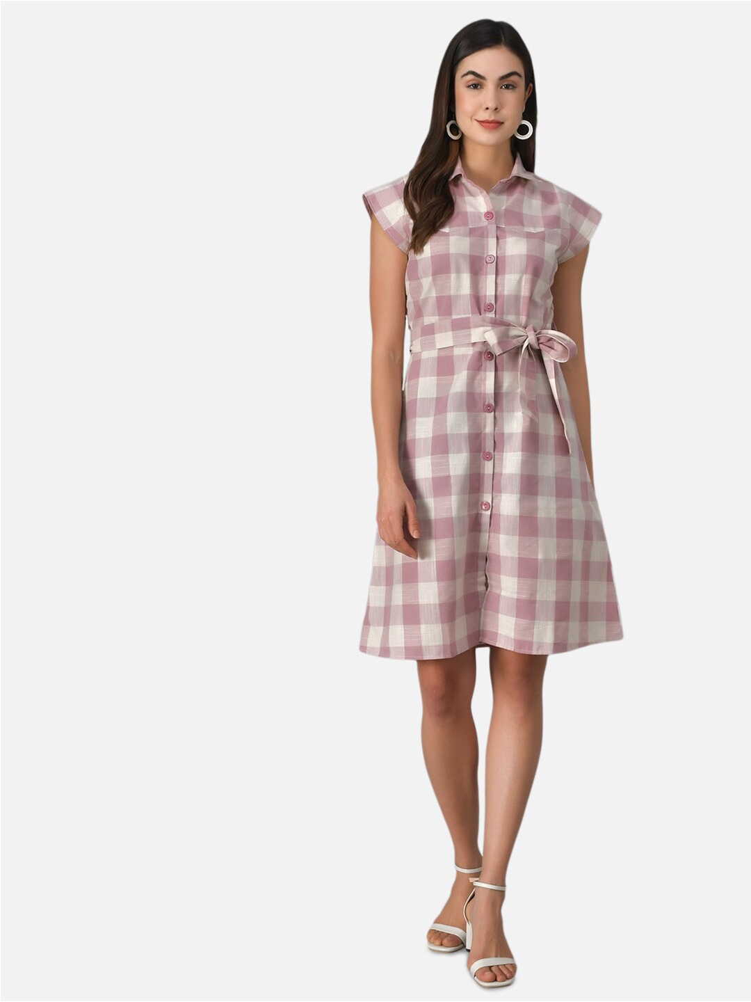 

Purple State Checked Shirt Collar Cap Sleeves Tie Up Neck Shirt Dress, Pink