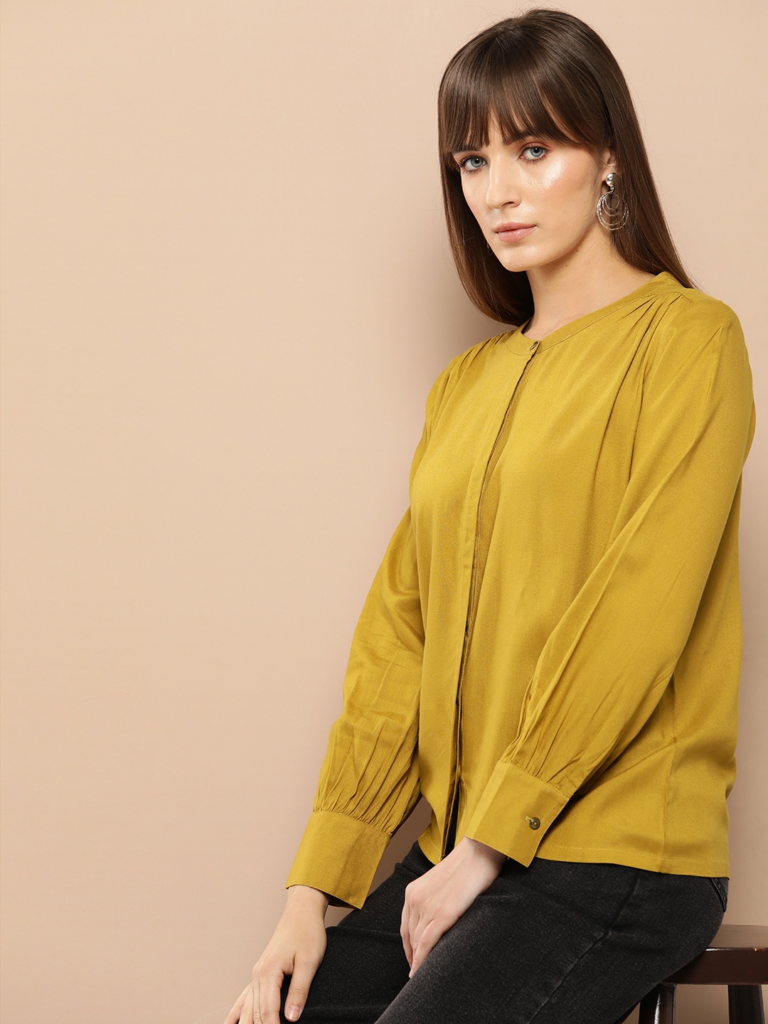 

Chemistry Solid Mandarin Collar Shirt Style Top, Mustard