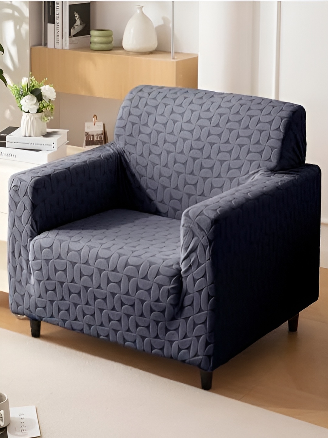 

HOUSE OF QUIRK Charcoal Jacquard Single Seater 220 GSM Sofa Cover With Arms