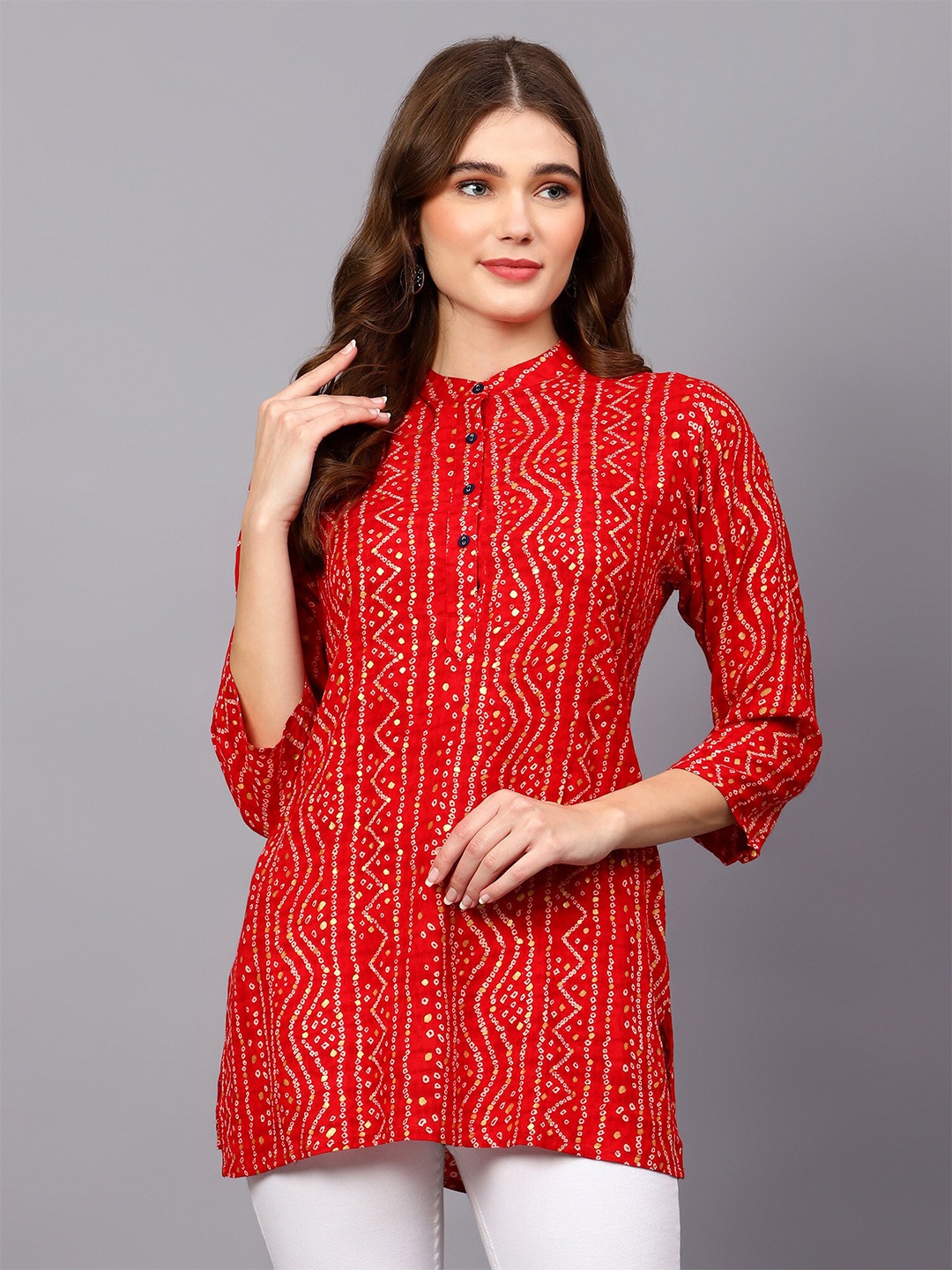 

Indietoga Bandhani Print Mandarin Collar Straight Longline Tops, Red