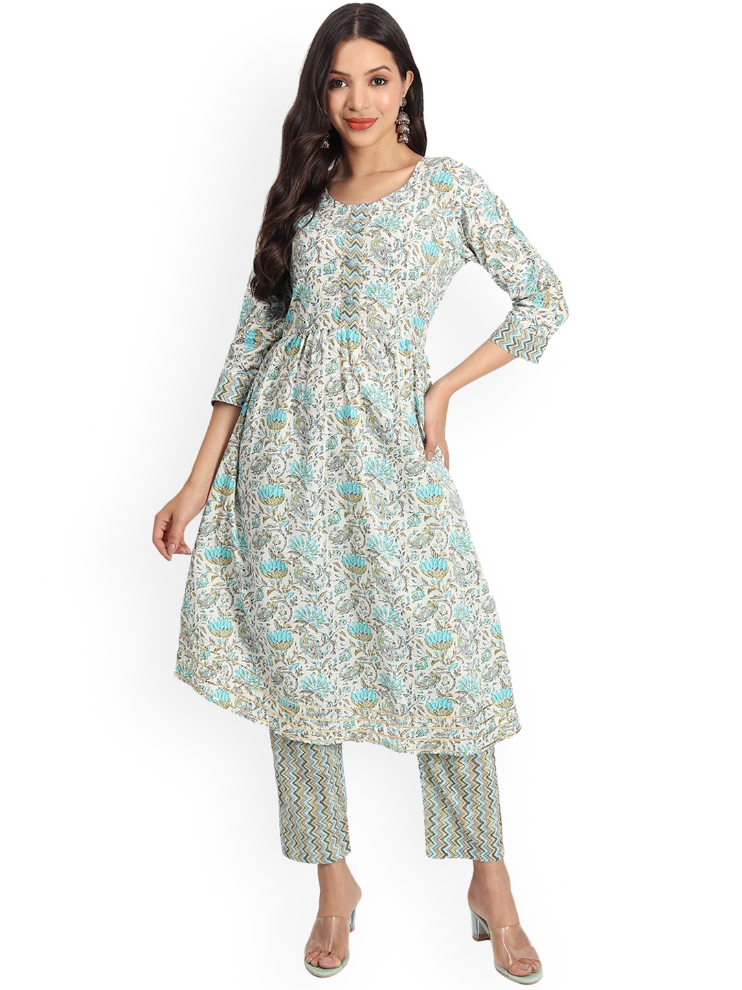 

BAESD Round Neck Floral Printed Regular Anarkali Kurta with Trouser, Blue