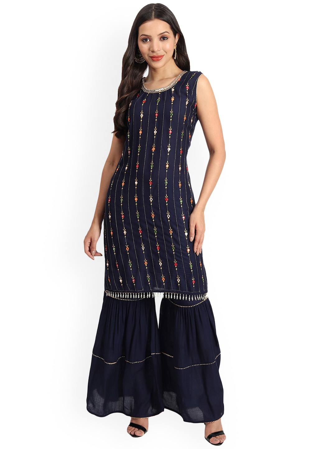 

BAESD Round Neck Sleeveless Floral Embroidered Regular Kurti with Sharara & Dupatta, Blue