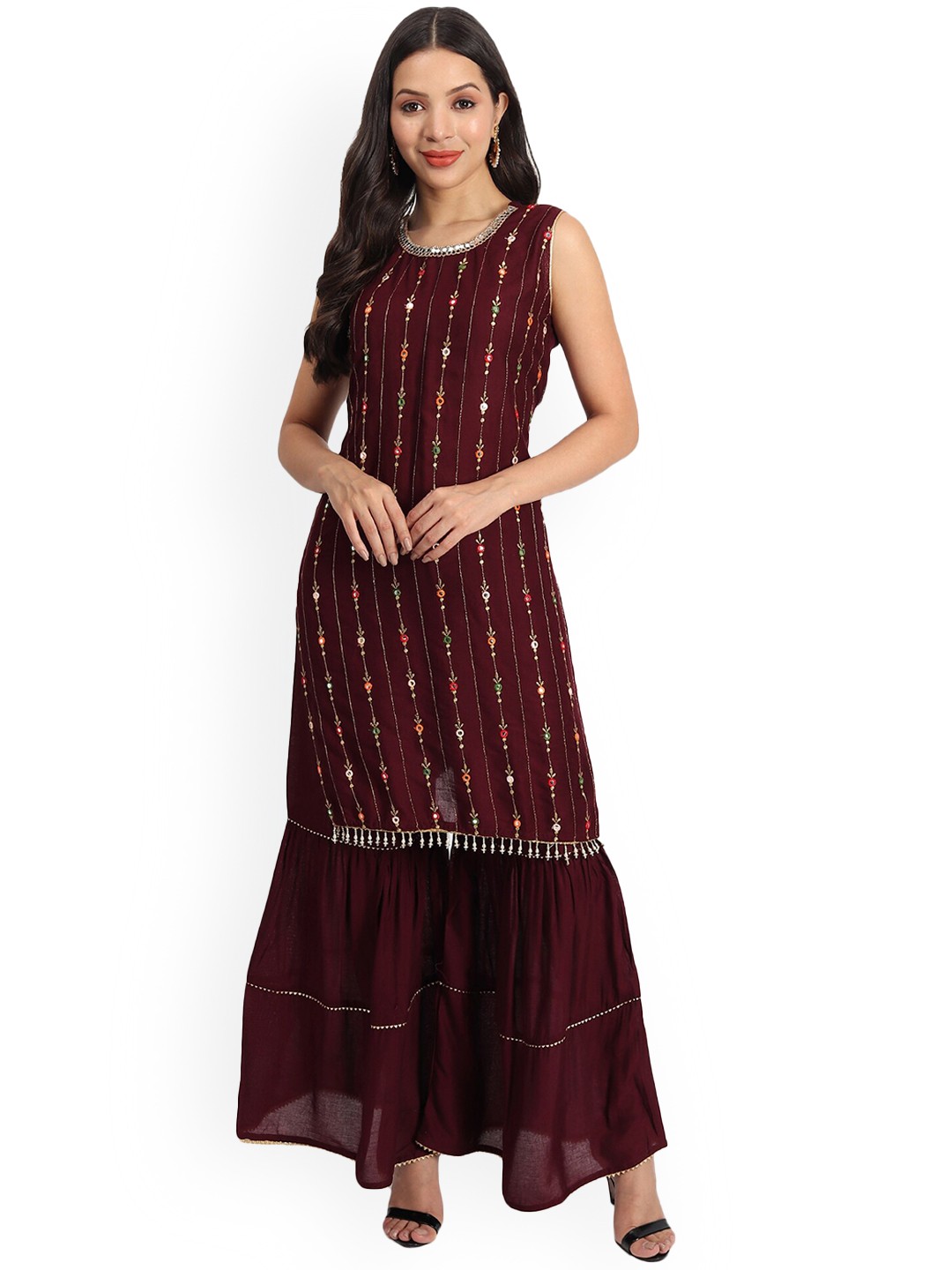 

BAESD Round Neck Sleeveless Mirror Embroidered Straight Kurta with Sharara & Dupatta, Maroon