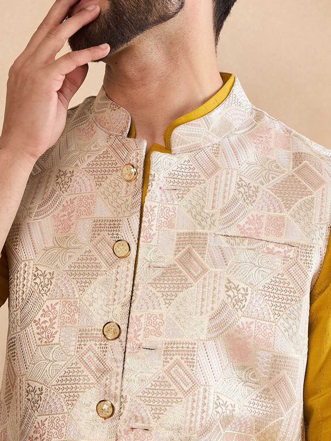 

House of Pataudi Woven Design Mandarin Collar Nehru Jackets, Cream