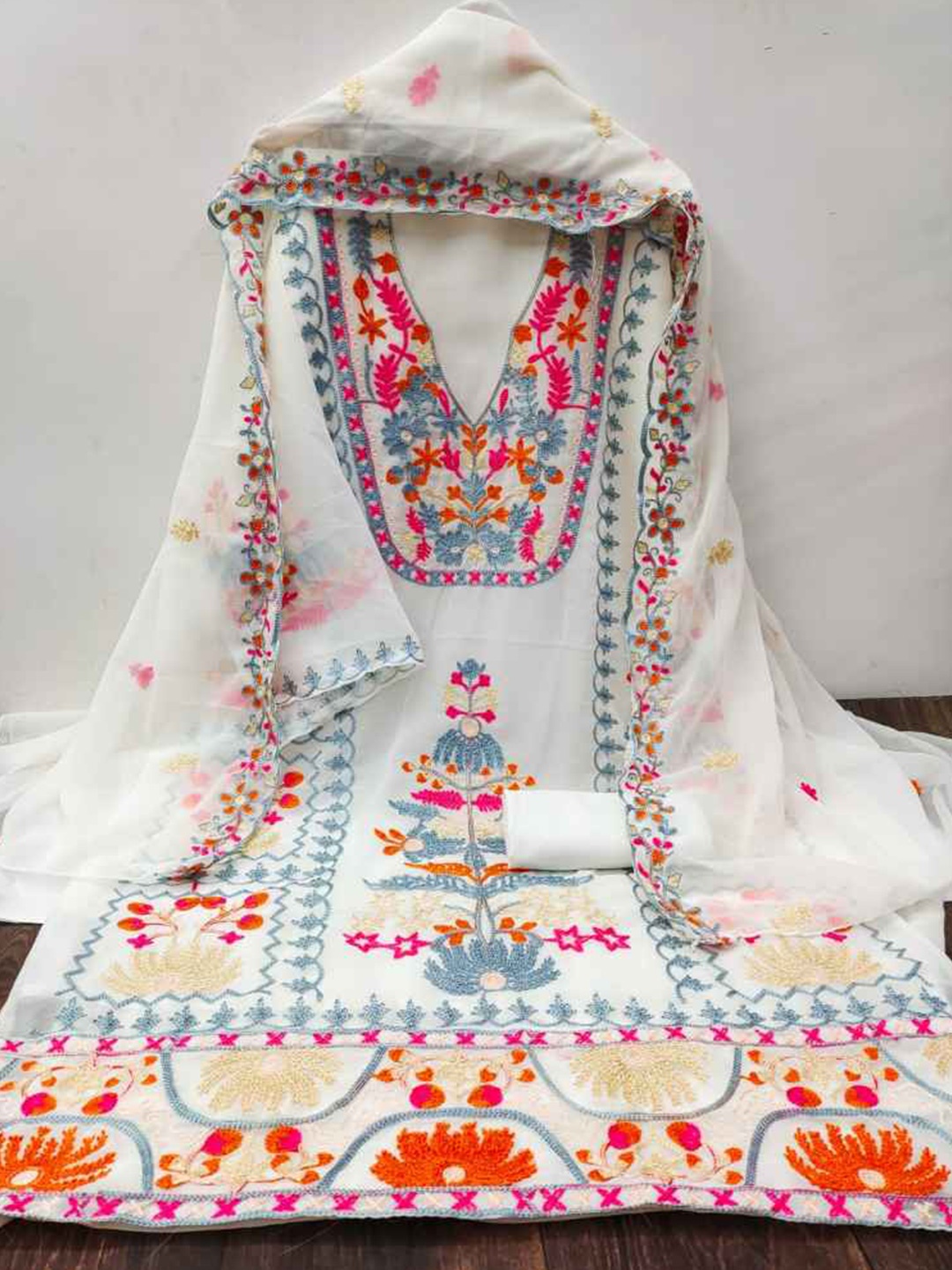 

faxofab Floral Embroidered Mirror Work Unstitched Dress Material, White