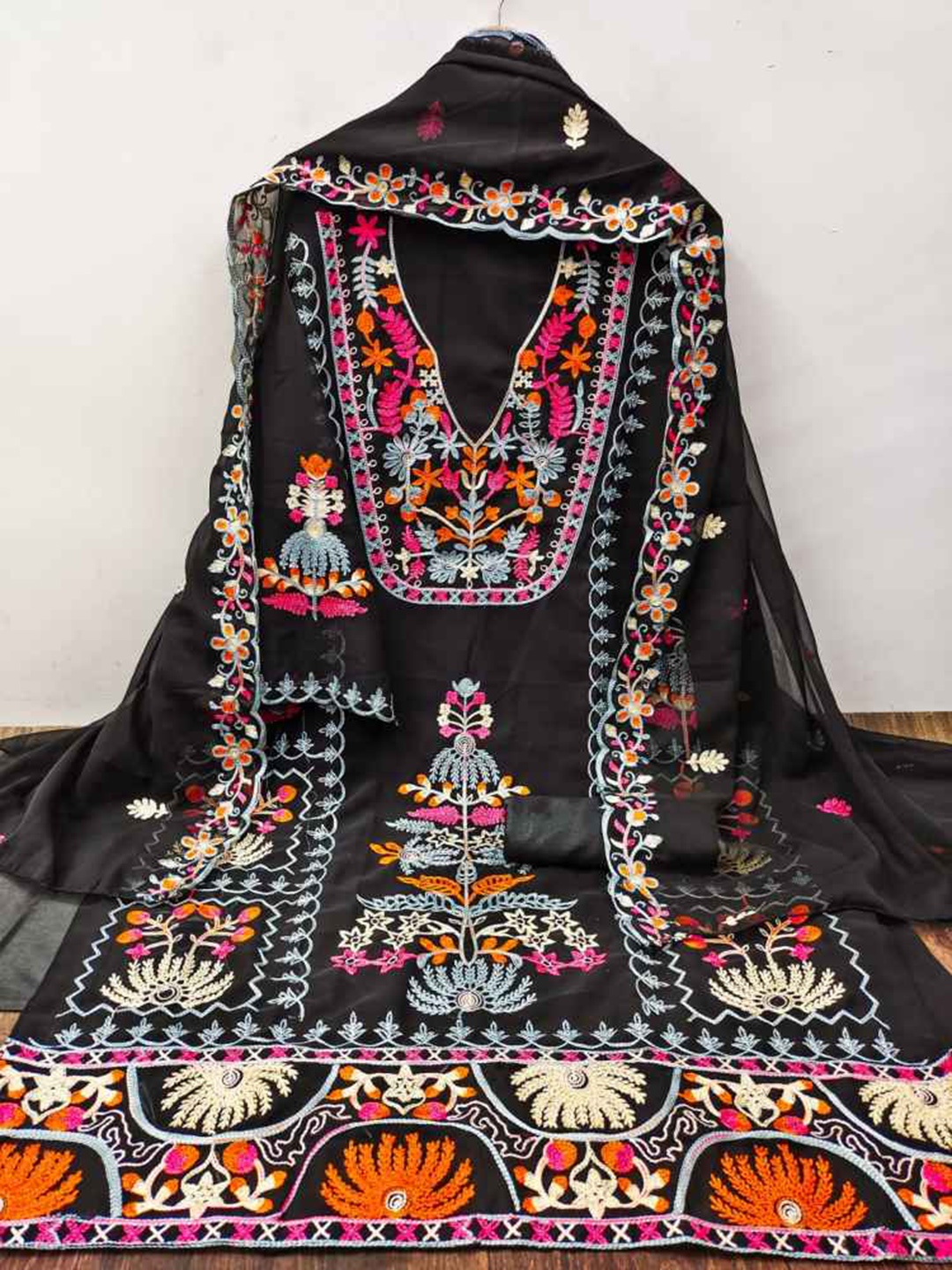

faxofab Embroidered Unstitched Dress Material, Black